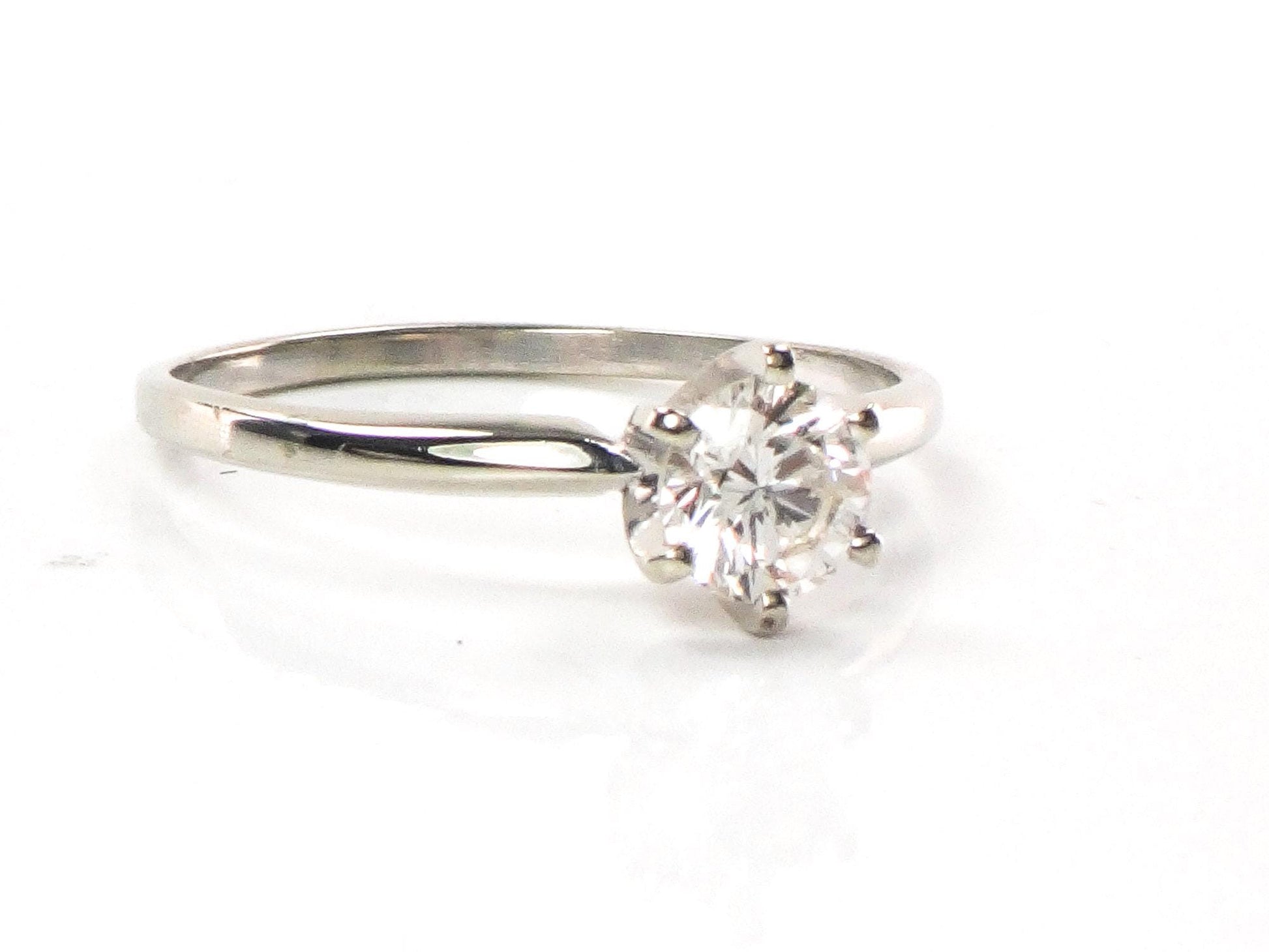 Vintage 14k White Gold Round Natural Diamond Solitaire Engagement Ring, Approximately .69 Carats Diamond