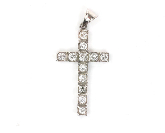 Vintage Large 14k White Gold Natural Diamond Cross Pendant, Approximately 1.2 CTS TDW Unisex Cross