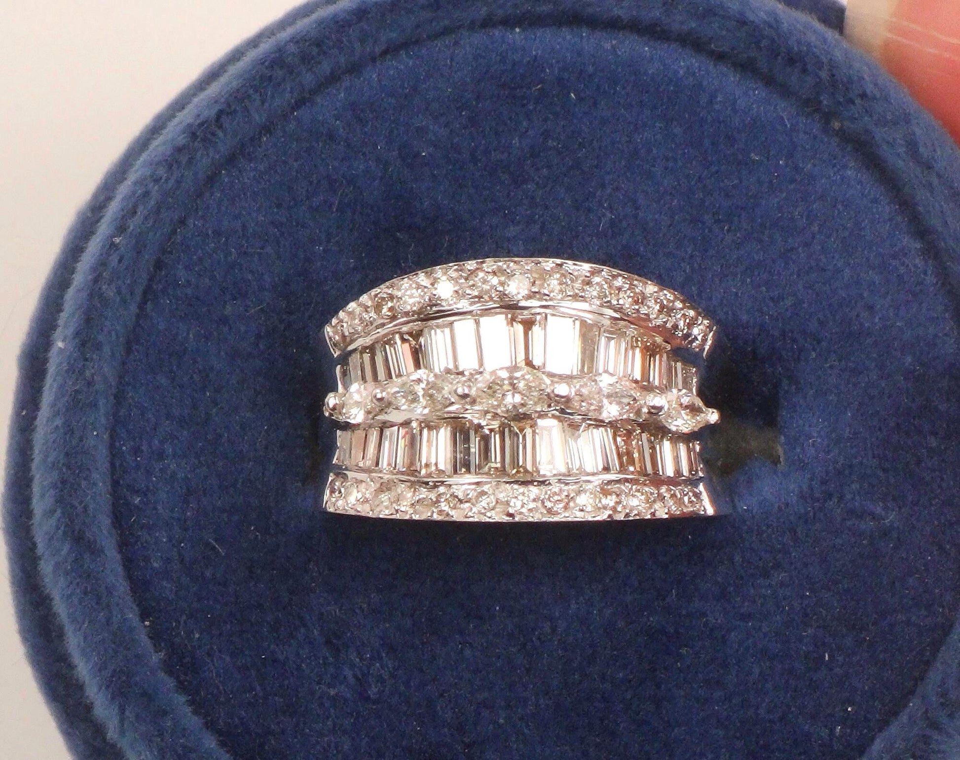 Vintage 14k White Gold Wide Natural Diamond Band with Marquise Baguette and Round Cuts Anniversary Ring 2 Carat TDW Size 6.75