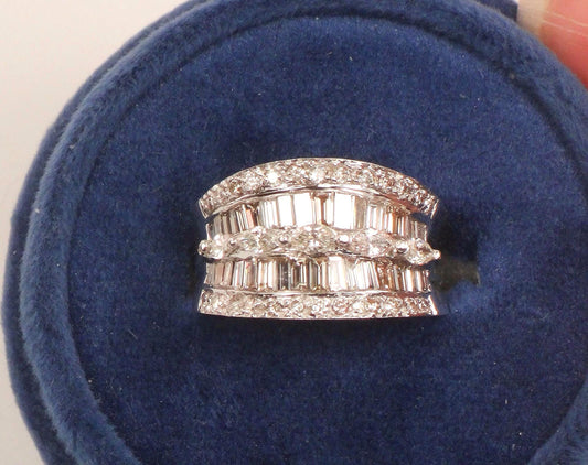 Vintage 14k White Gold Wide Natural Diamond Band with Marquise Baguette and Round Cuts Anniversary Ring 2 Carat TDW Size 6.75