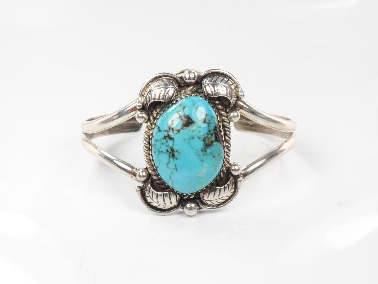 Vintage Sterling Silver Turquoise Cuff Bracelet with Feather Design - Native American Hallmarked MC