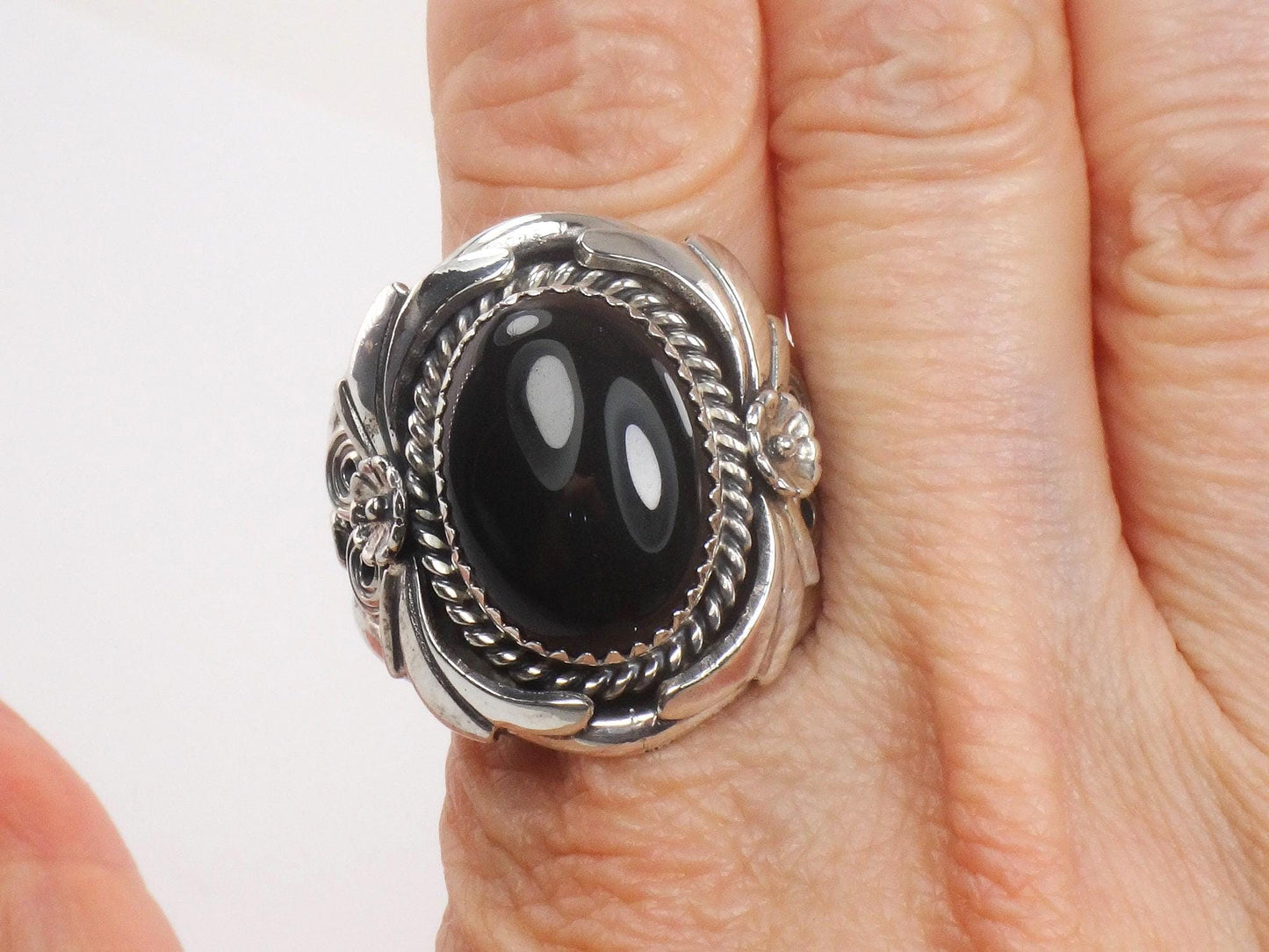 Vintage Large Sterling Silver Onyx Ring, Men's Unisex Southwestern Style Ring, Size 12.75