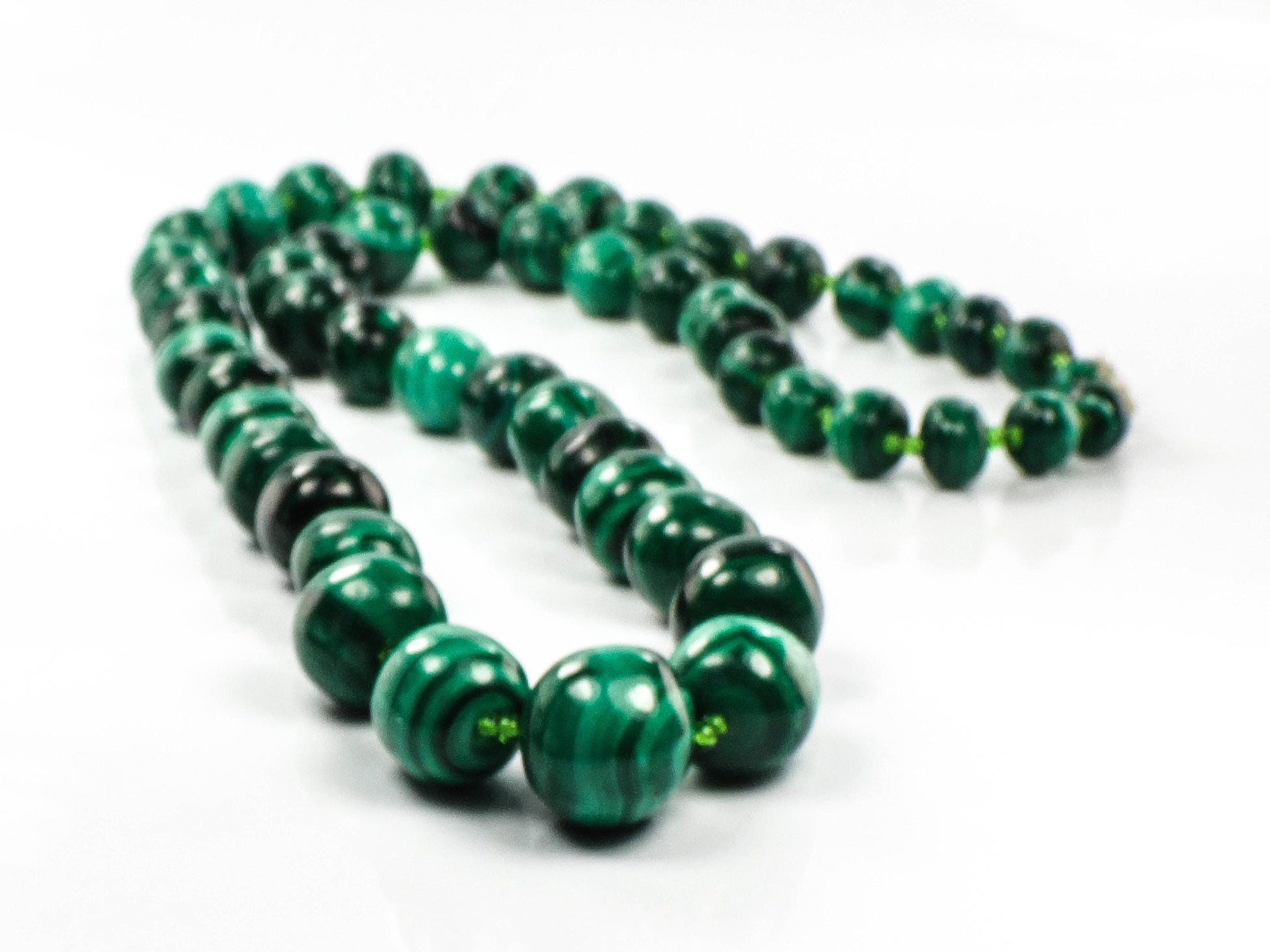 Vintage Natural Malachite Bead Necklace, Tapered Green Stone Necklace, 26"