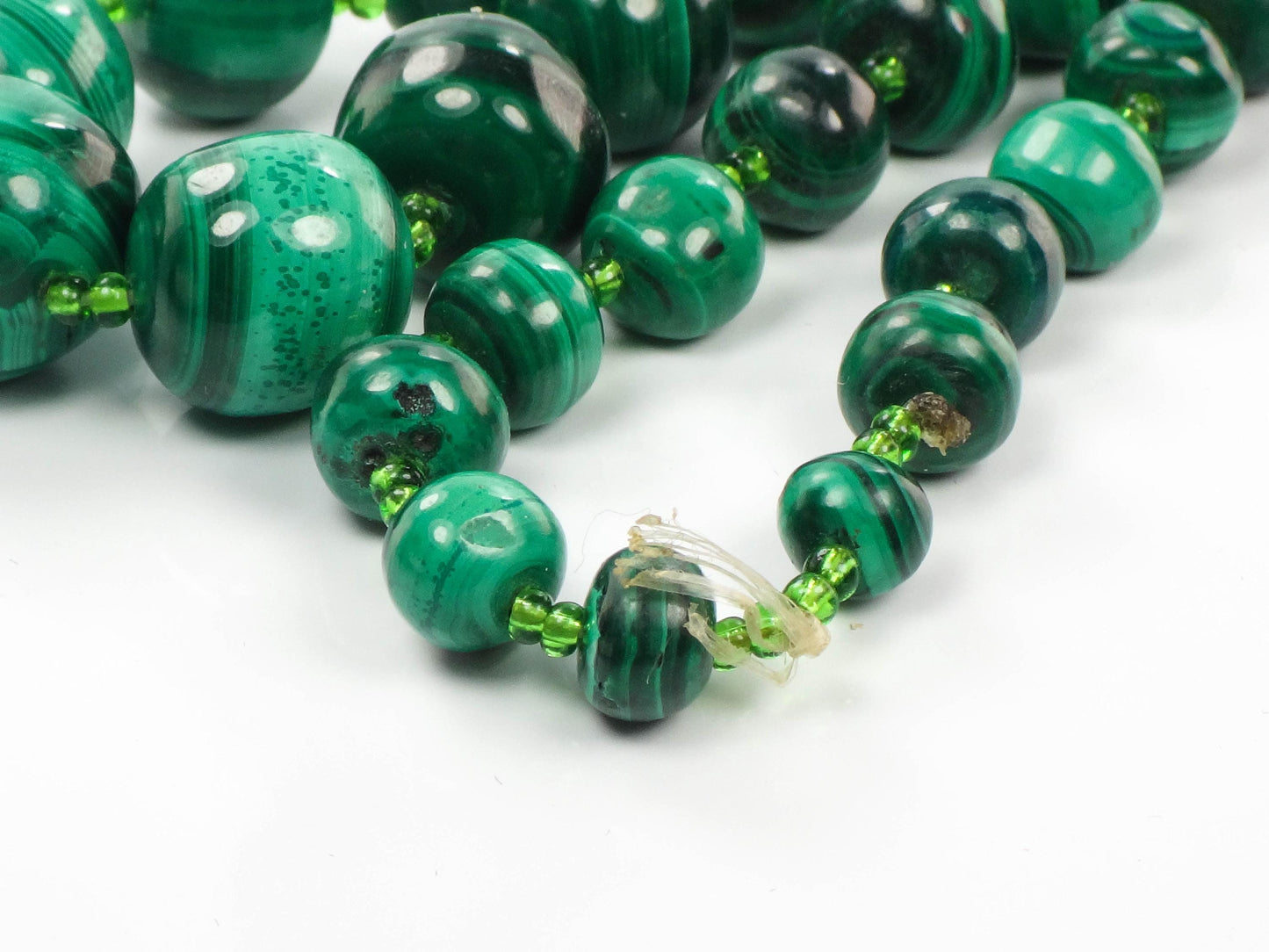 Vintage Natural Malachite Bead Necklace, Tapered Green Stone Necklace, 26"