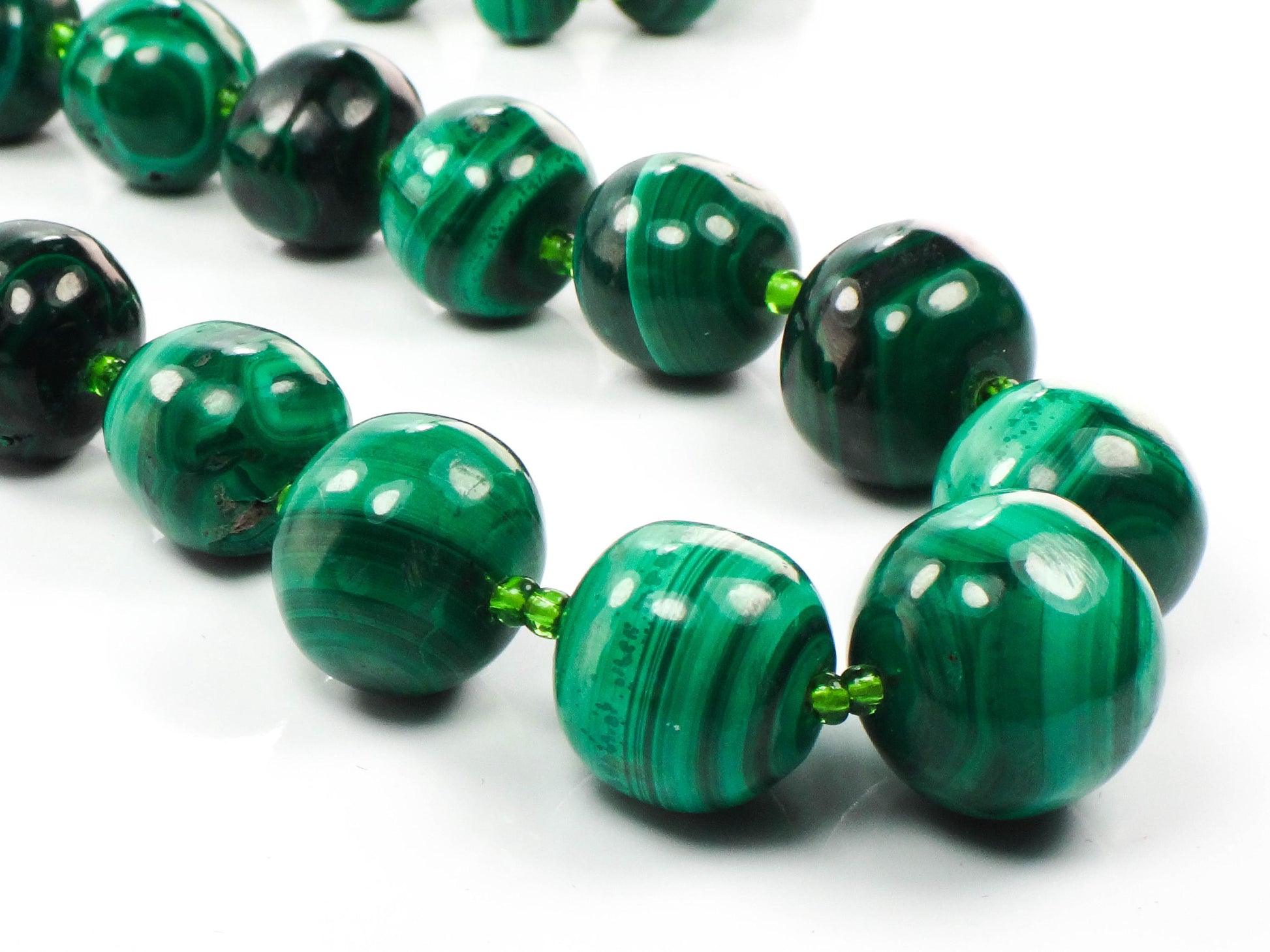 Vintage Natural Malachite Bead Necklace, Tapered Green Stone Necklace, 26"