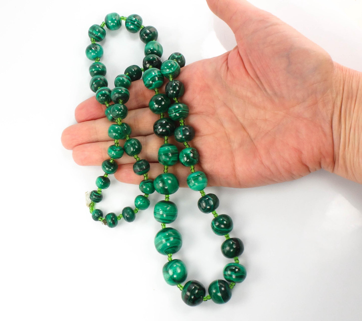 Vintage Natural Malachite Bead Necklace, Tapered Green Stone Necklace, 26"