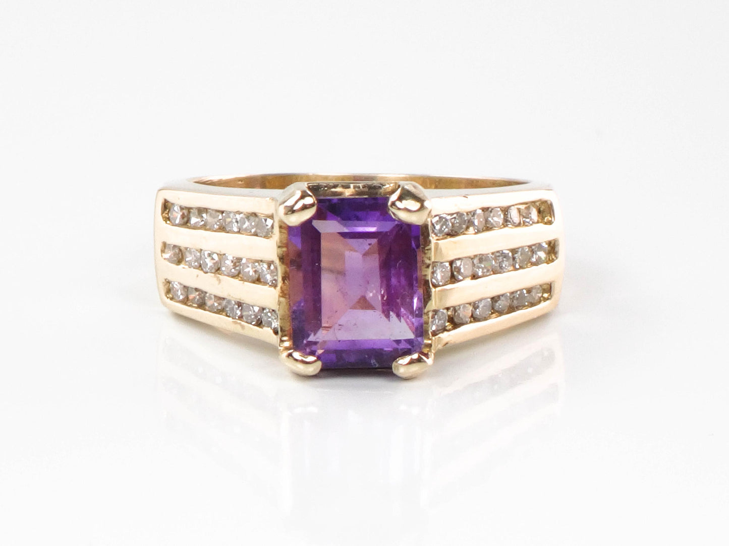 Vintage 14k Gold Natural Amethyst Ring with Diamonds - Purple February Birthstone Ring - Size 6 1/4