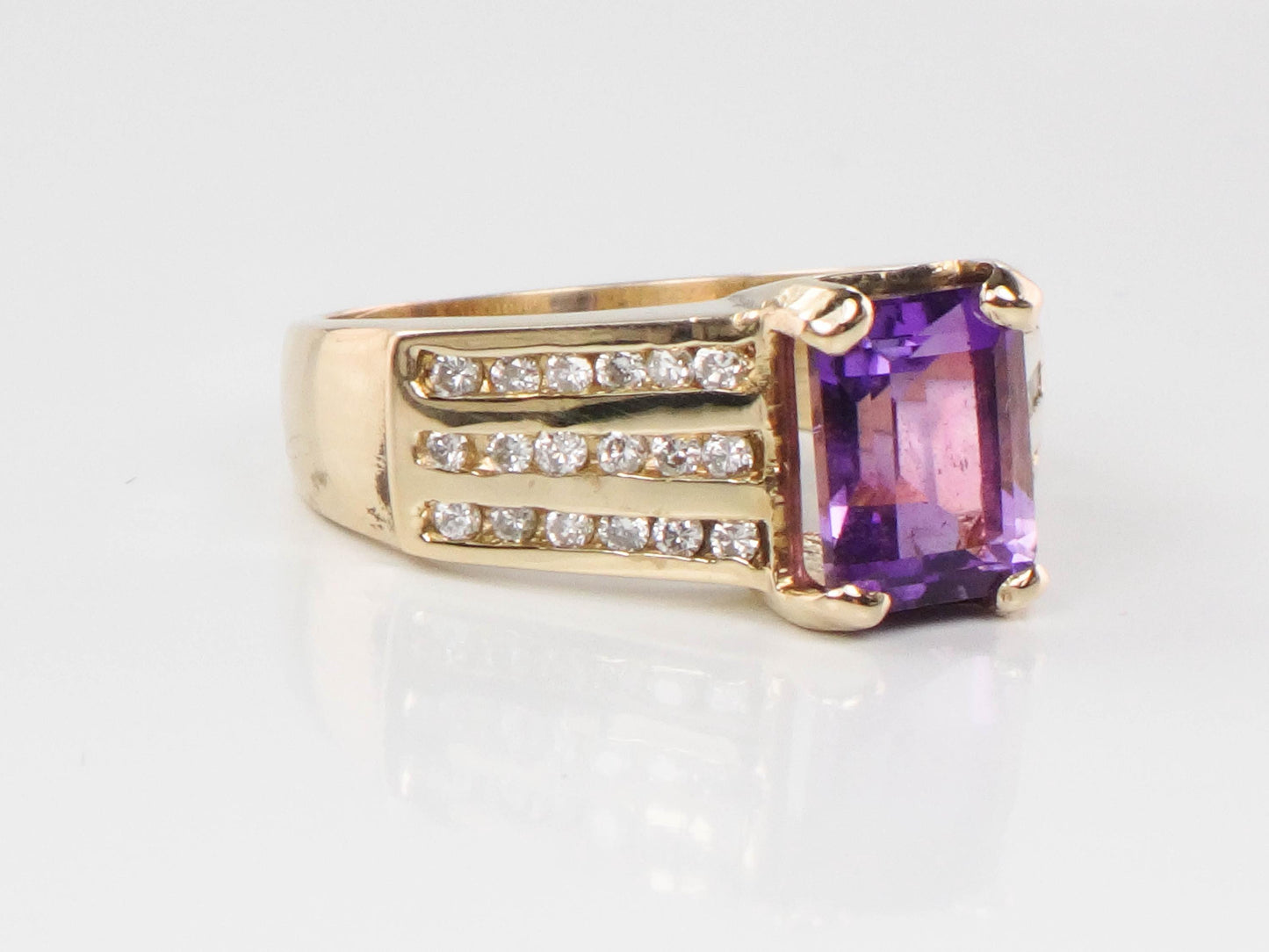 Vintage 14k Gold Natural Amethyst Ring with Diamonds - Purple February Birthstone Ring - Size 6 1/4