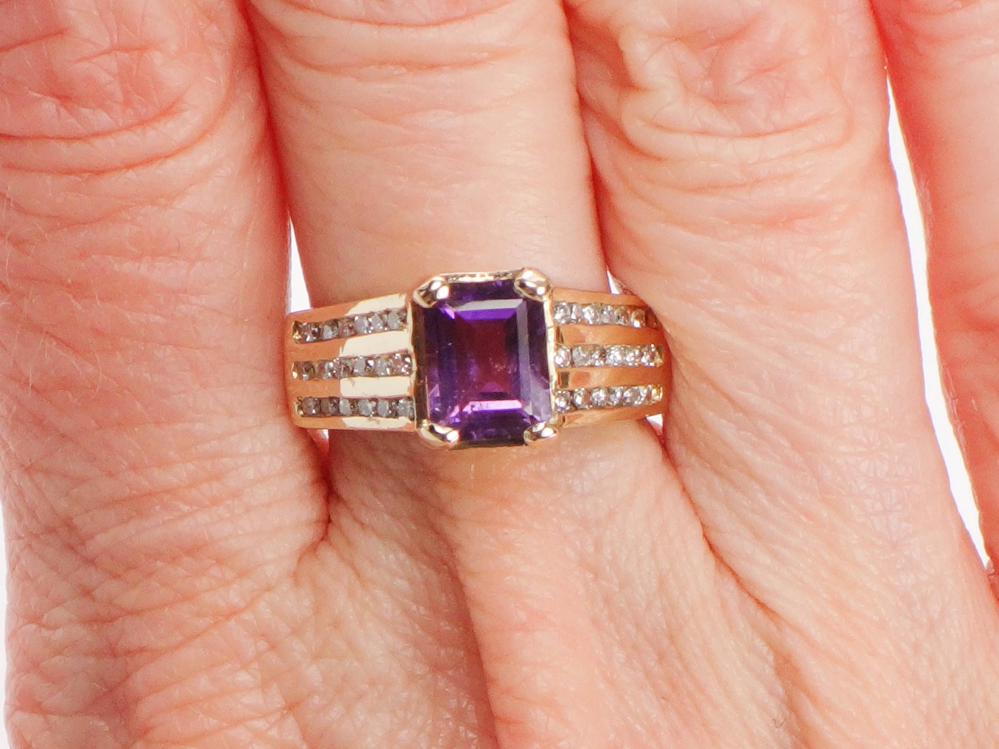 Vintage 14k Gold Amethyst Diamond Ring - February Birthstone, Size 6 1/4