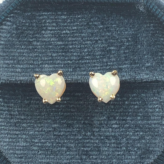 Vintage 14k Yellow Gold Natural Opal Heart Shaped Stud Earrings, October Birthstone