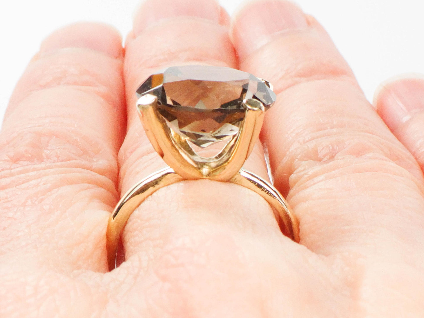 Vintage 14k Yellow Gold Smoky Quartz Ring - 1970s Statement Ring, Size 8