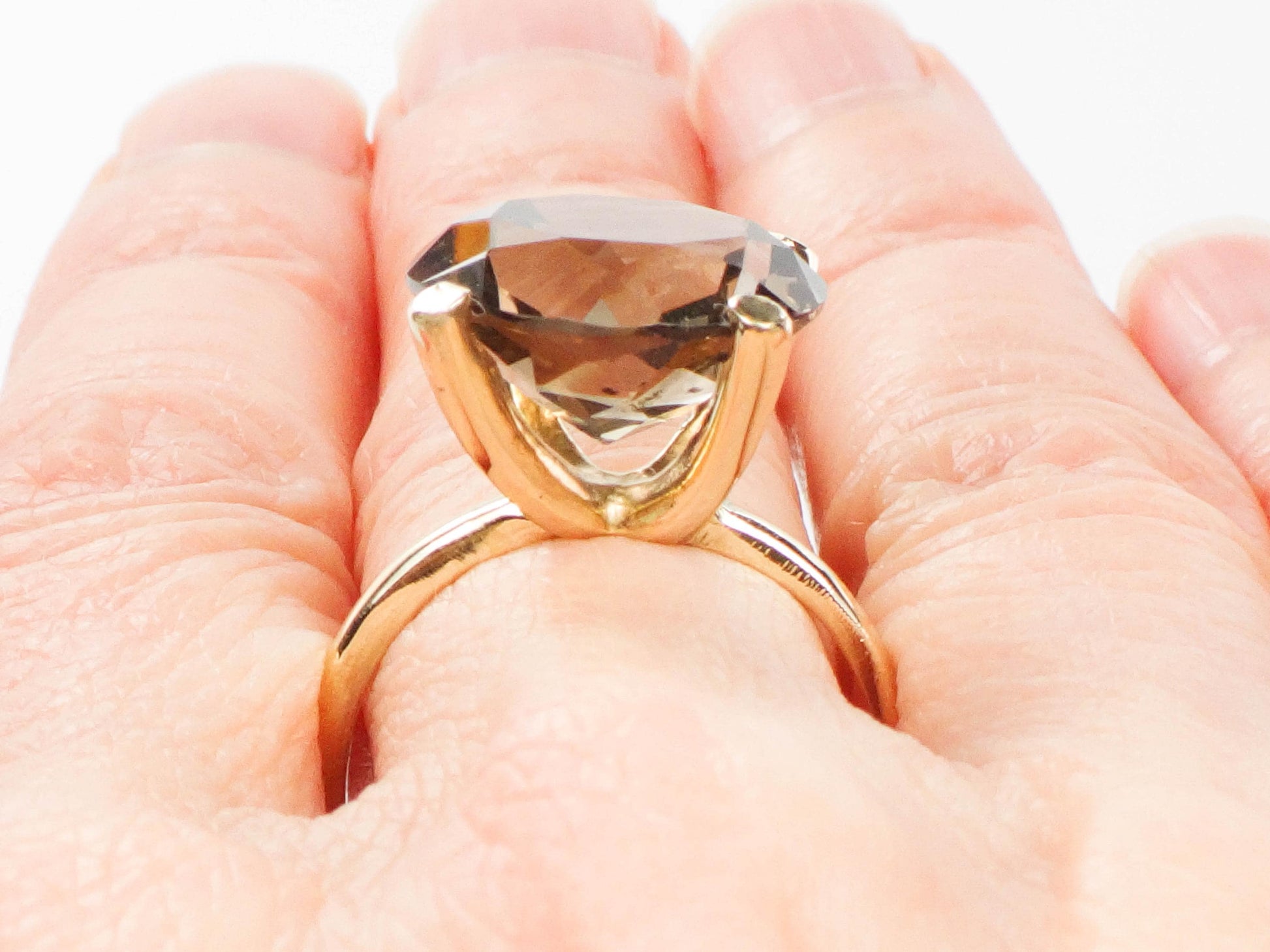 Vintage 14k Yellow Gold Smoky Quartz Ring - 1970s Statement Ring, Size 8