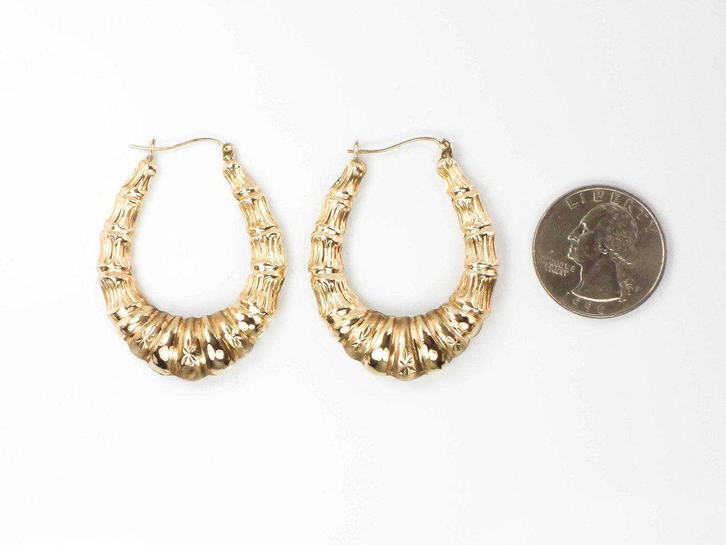 Vintage Large 10k Yellow Gold Oval Hoop Earrings, 1.7" Long