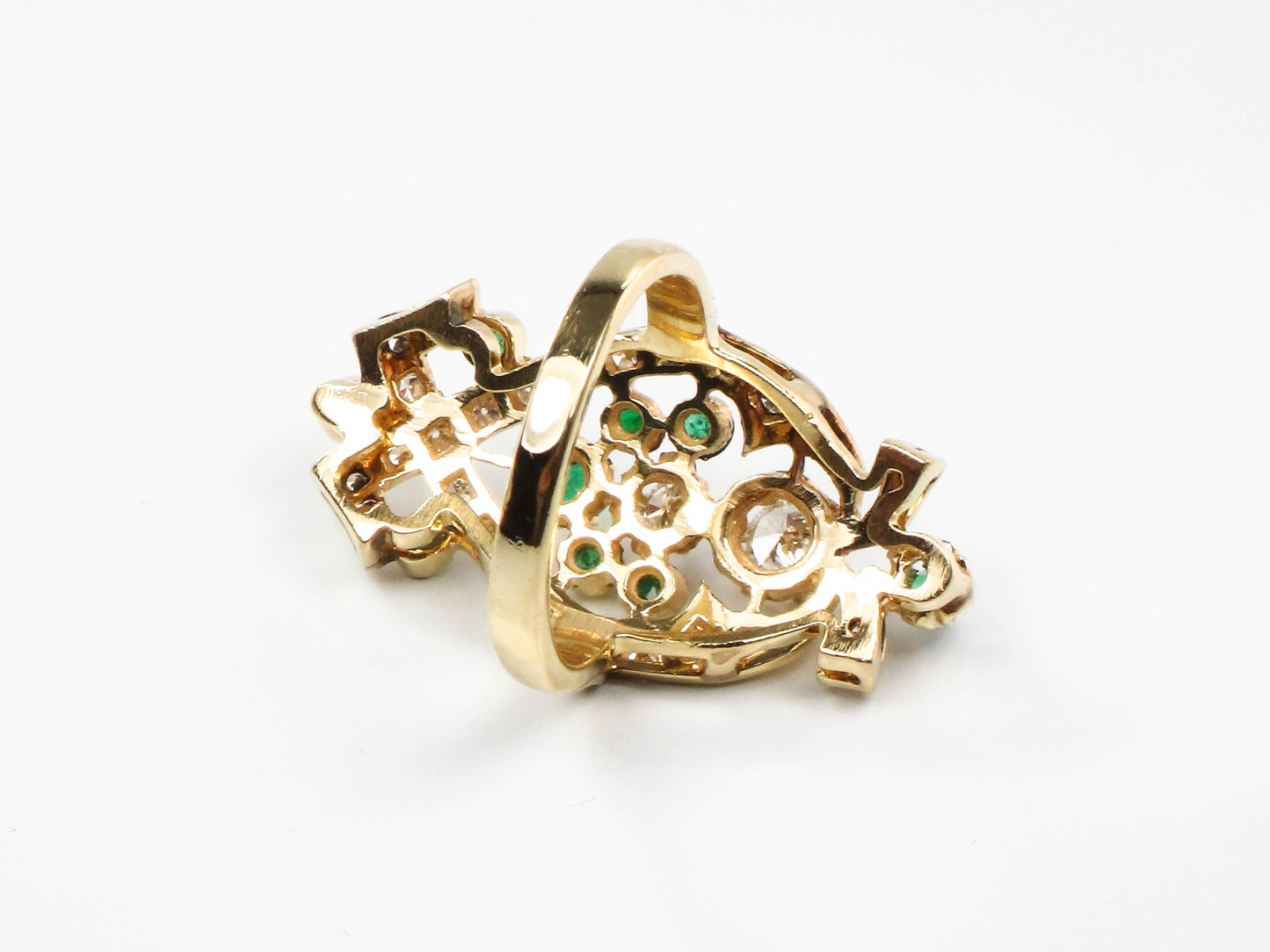 Vintage 14k Yellow Gold Natural Emerald and Diamond Dinner Ring, Cocktail Ring, Size 6