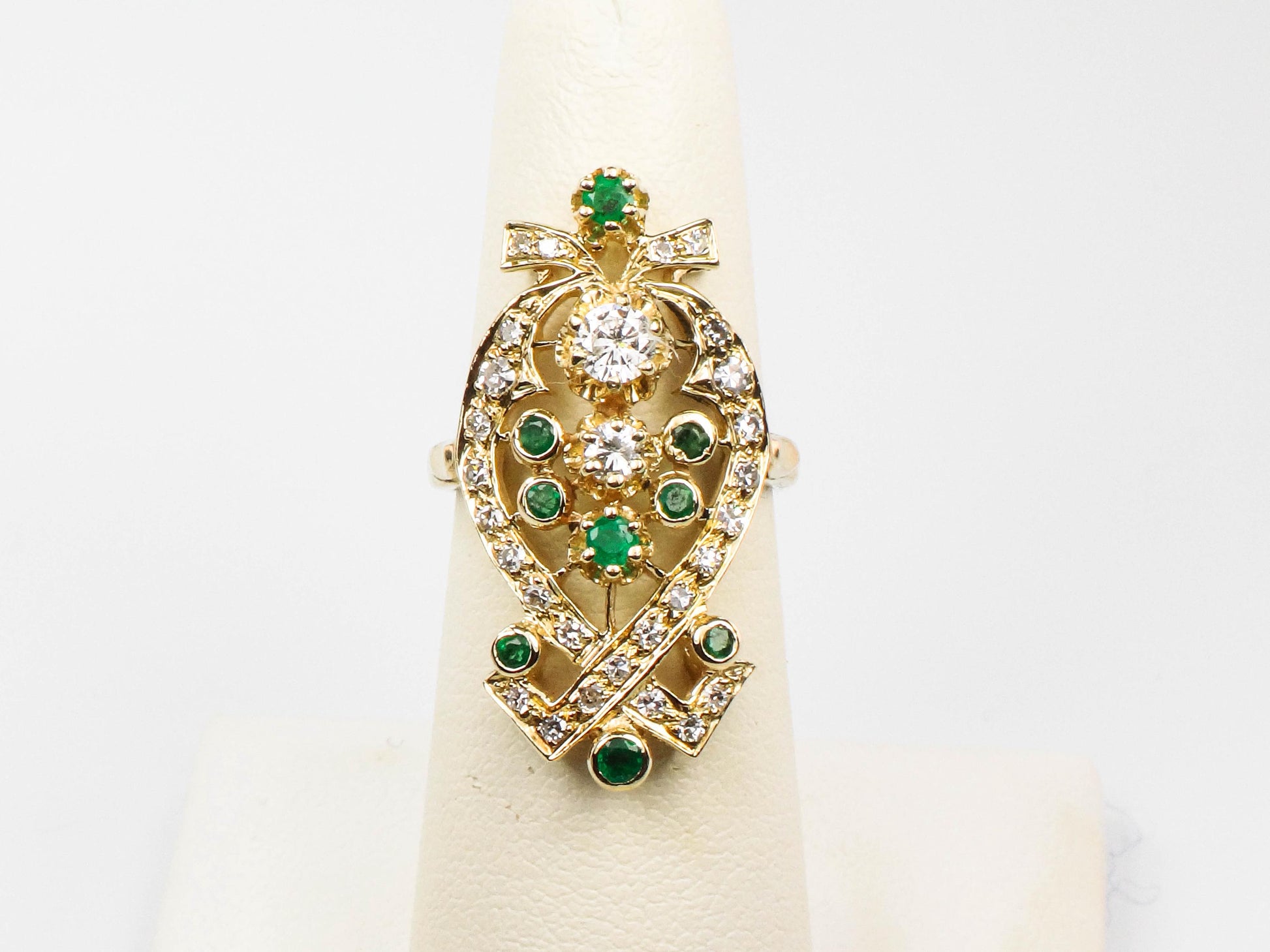 Vintage 14k Yellow Gold Natural Emerald and Diamond Dinner Ring, Cocktail Ring, Size 6