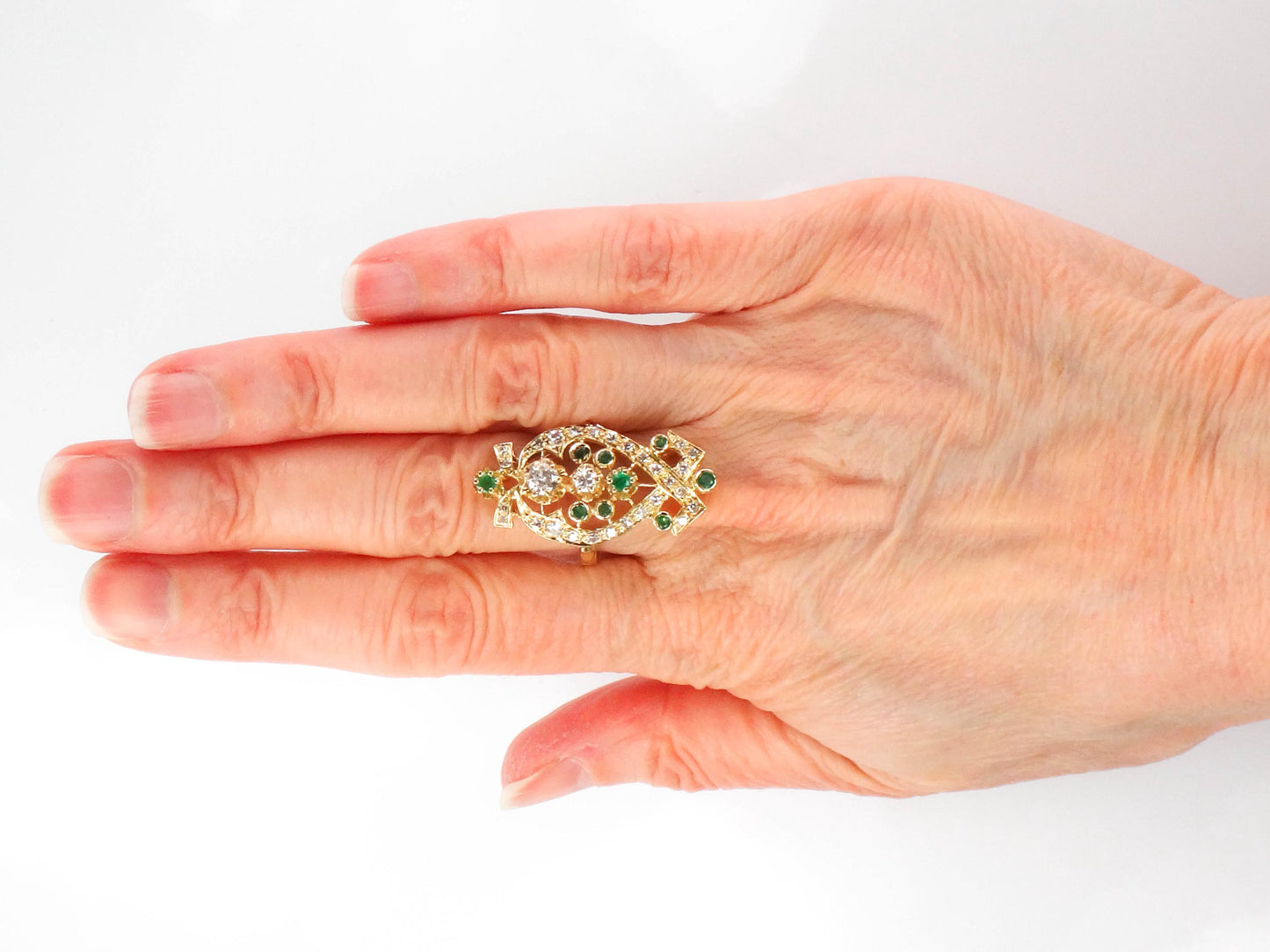 Vintage 14k Yellow Gold Natural Emerald and Diamond Dinner Ring, Cocktail Ring, Size 6