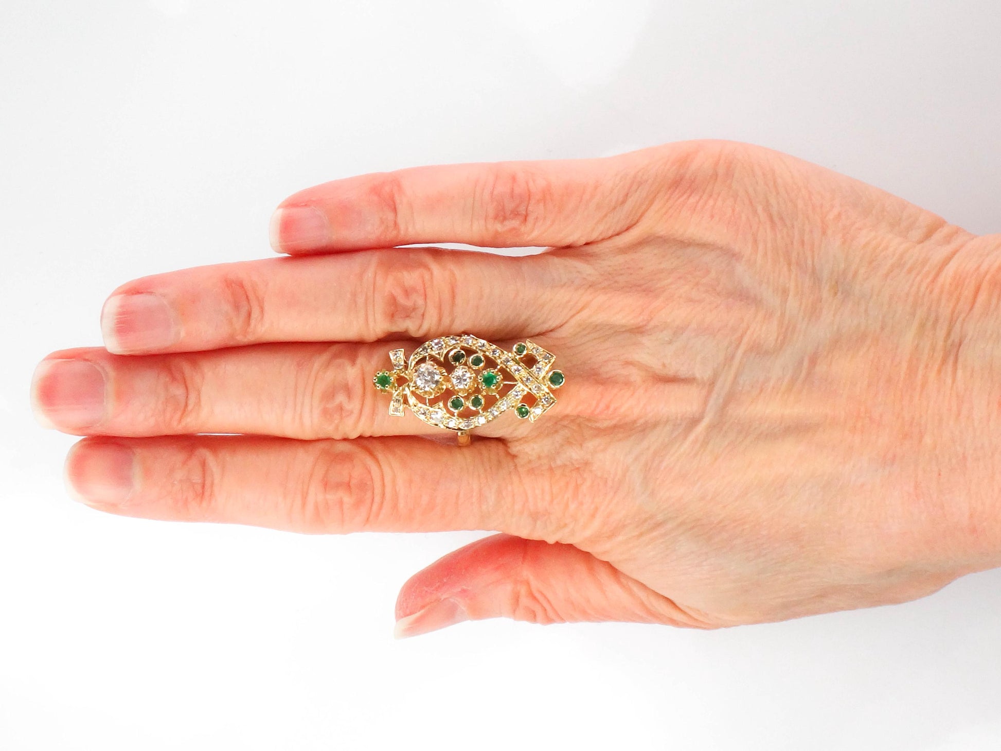 Vintage 14k Yellow Gold Natural Emerald and Diamond Dinner Ring, Cocktail Ring, Size 6