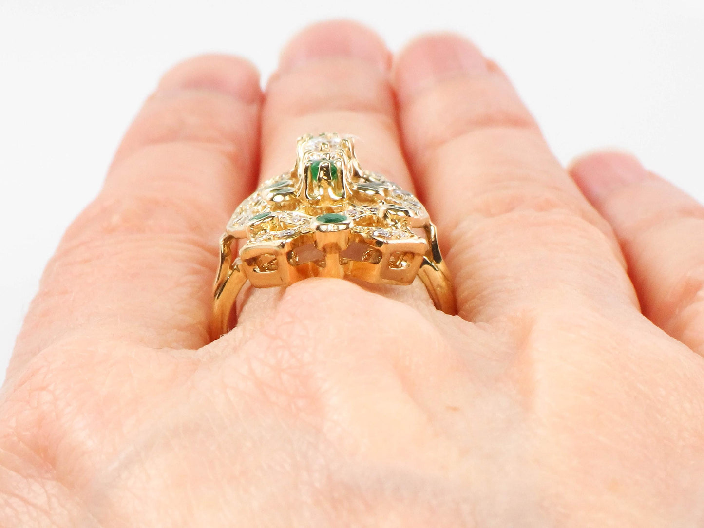 Vintage 14k Yellow Gold Natural Emerald and Diamond Dinner Ring, Cocktail Ring, Size 6