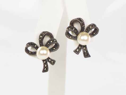 Vintage Silver Pearl Marcasite Bow Earrings, Bow Stud Earrings