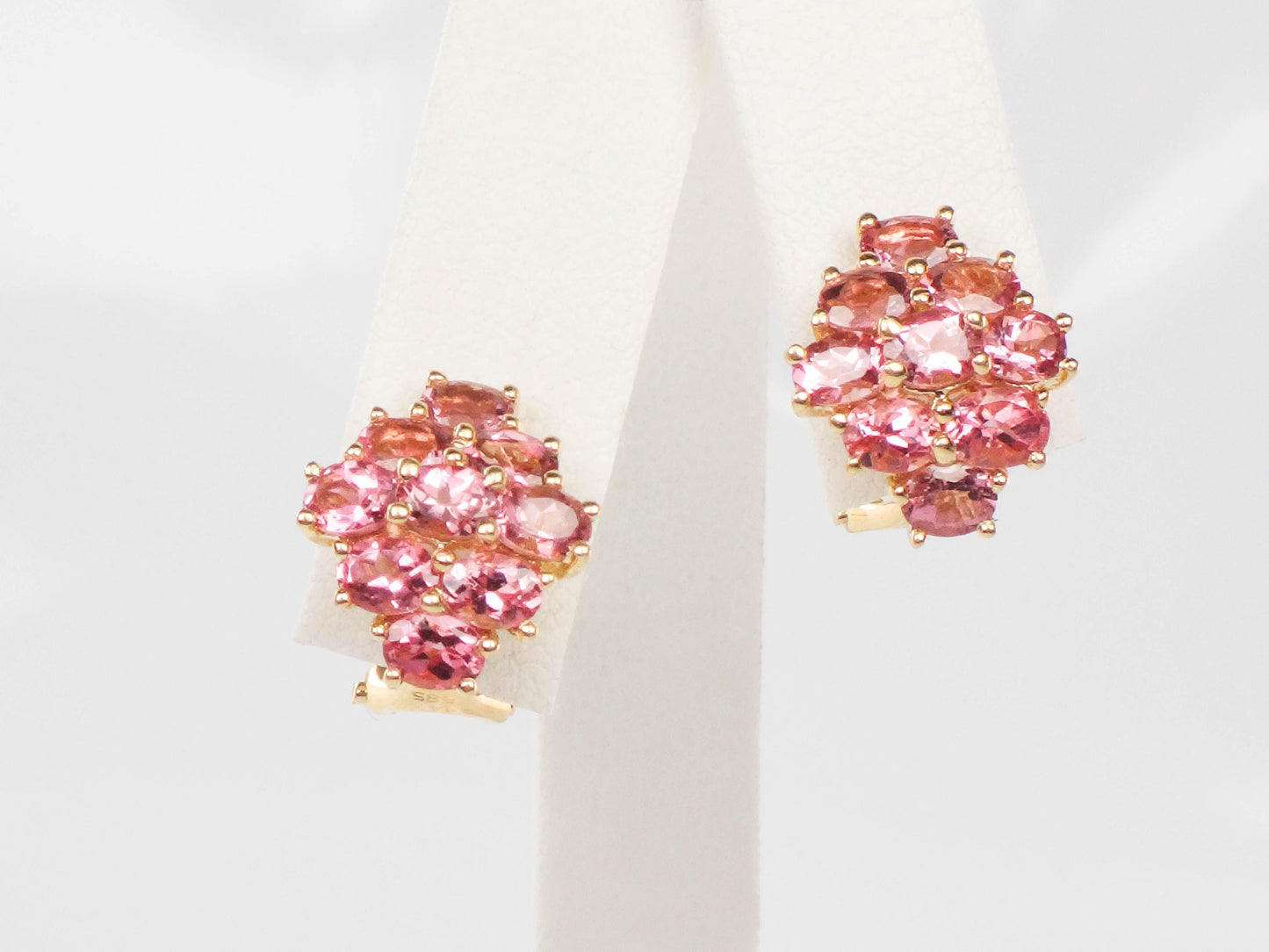 Vintage 14k Yellow Gold Pink Tourmaline Cluster Earrings - Omega Back Pink Stone Earrings - October Birthstone