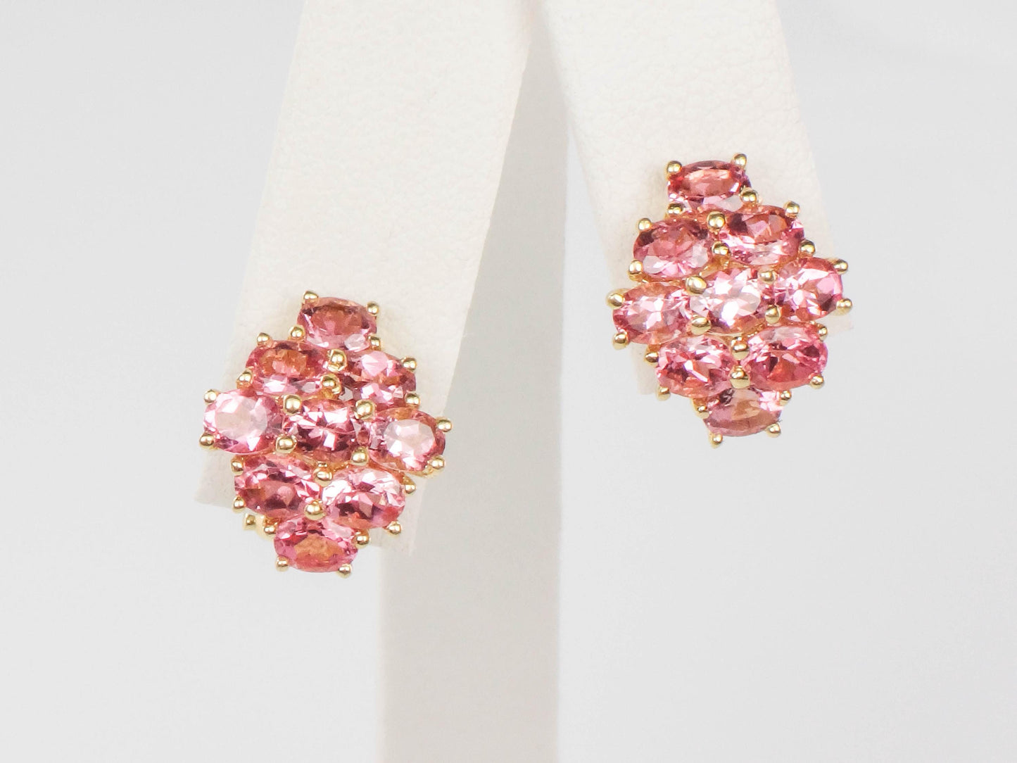 Vintage 14k Yellow Gold Pink Tourmaline Cluster Earrings - Omega Back Pink Stone Earrings - October Birthstone