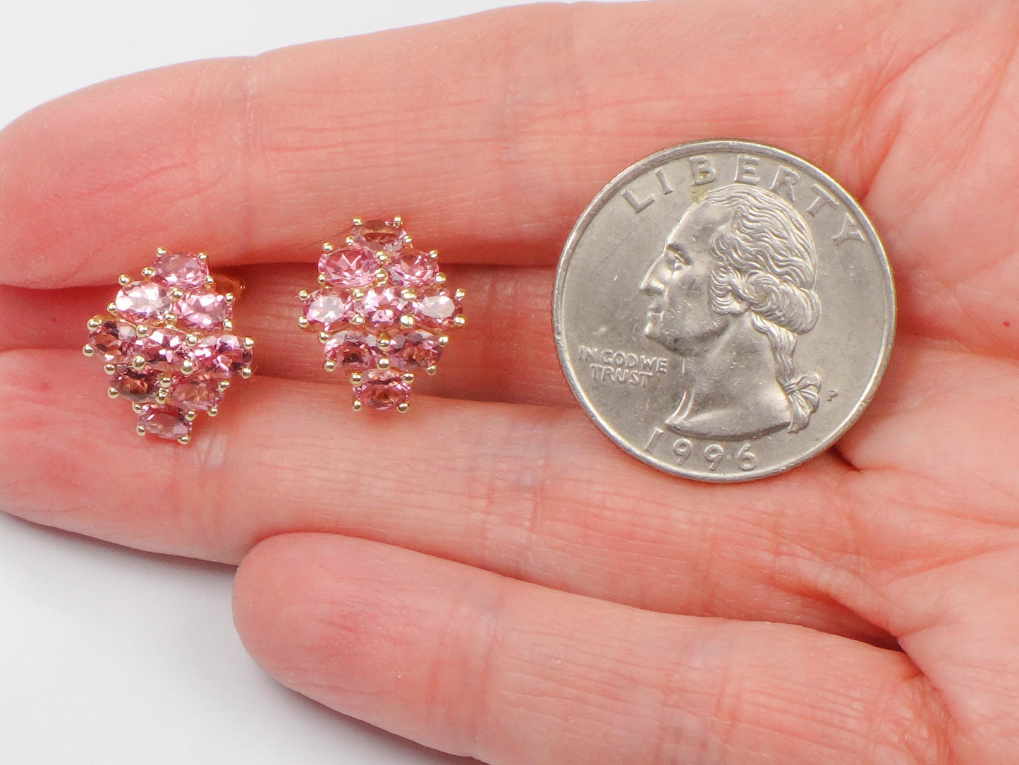 Vintage 14k Yellow Gold Pink Tourmaline Cluster Earrings - Omega Back Pink Stone Earrings - October Birthstone