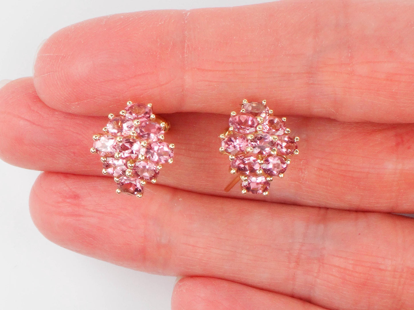Vintage 14k Yellow Gold Pink Tourmaline Cluster Earrings - Omega Back Pink Stone Earrings - October Birthstone