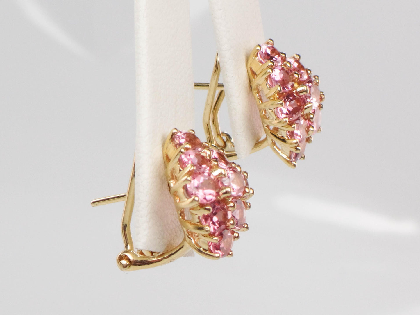 Vintage 14k Yellow Gold Pink Tourmaline Cluster Earrings - Omega Back Pink Stone Earrings - October Birthstone