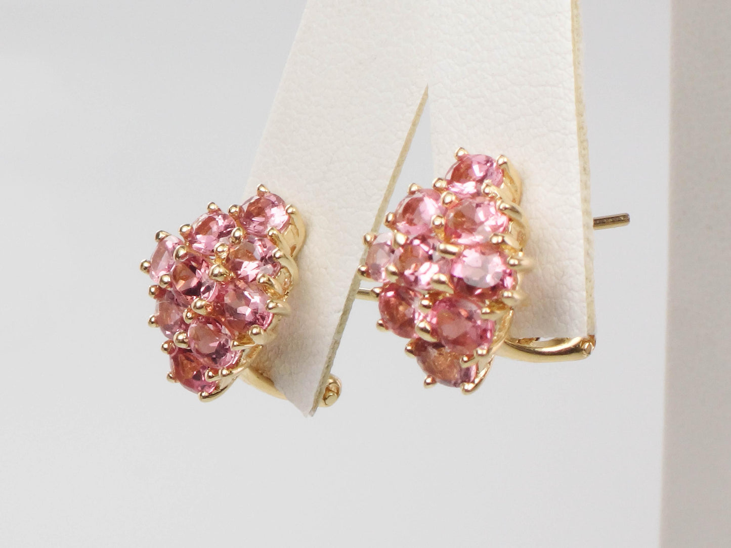Vintage 14k Yellow Gold Pink Tourmaline Cluster Earrings - Omega Back Pink Stone Earrings - October Birthstone