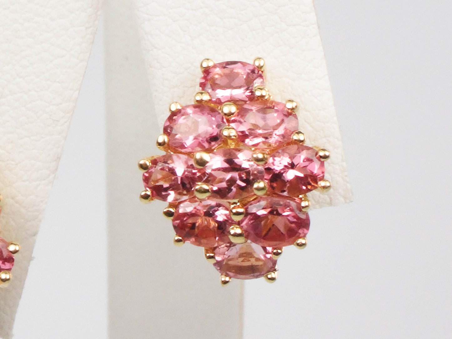 Vintage 14k Yellow Gold Pink Tourmaline Cluster Earrings - Omega Back Pink Stone Earrings - October Birthstone