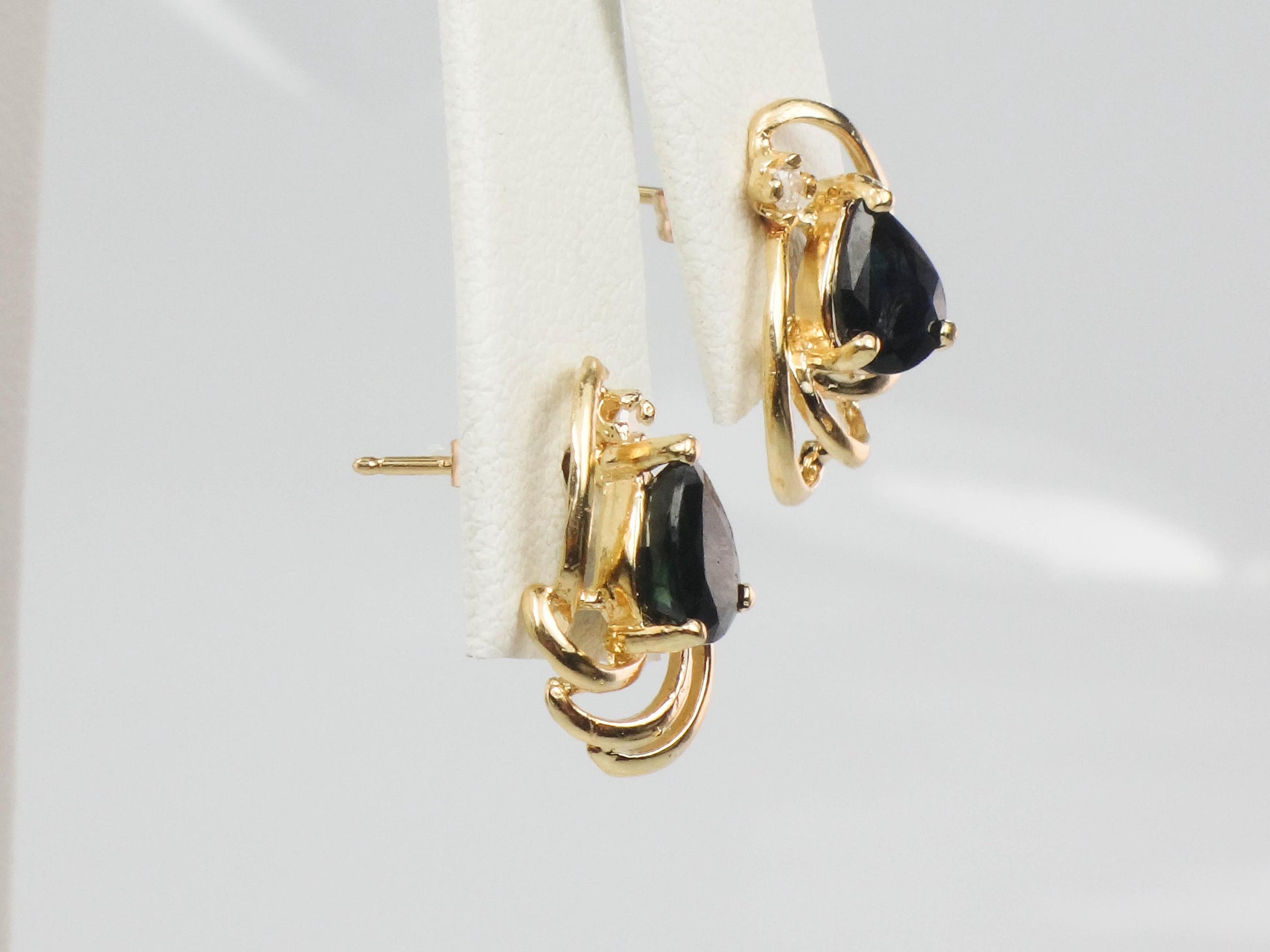 Vintage 14k Yellow Gold Sapphire Stud Earrings with Diamond Accents