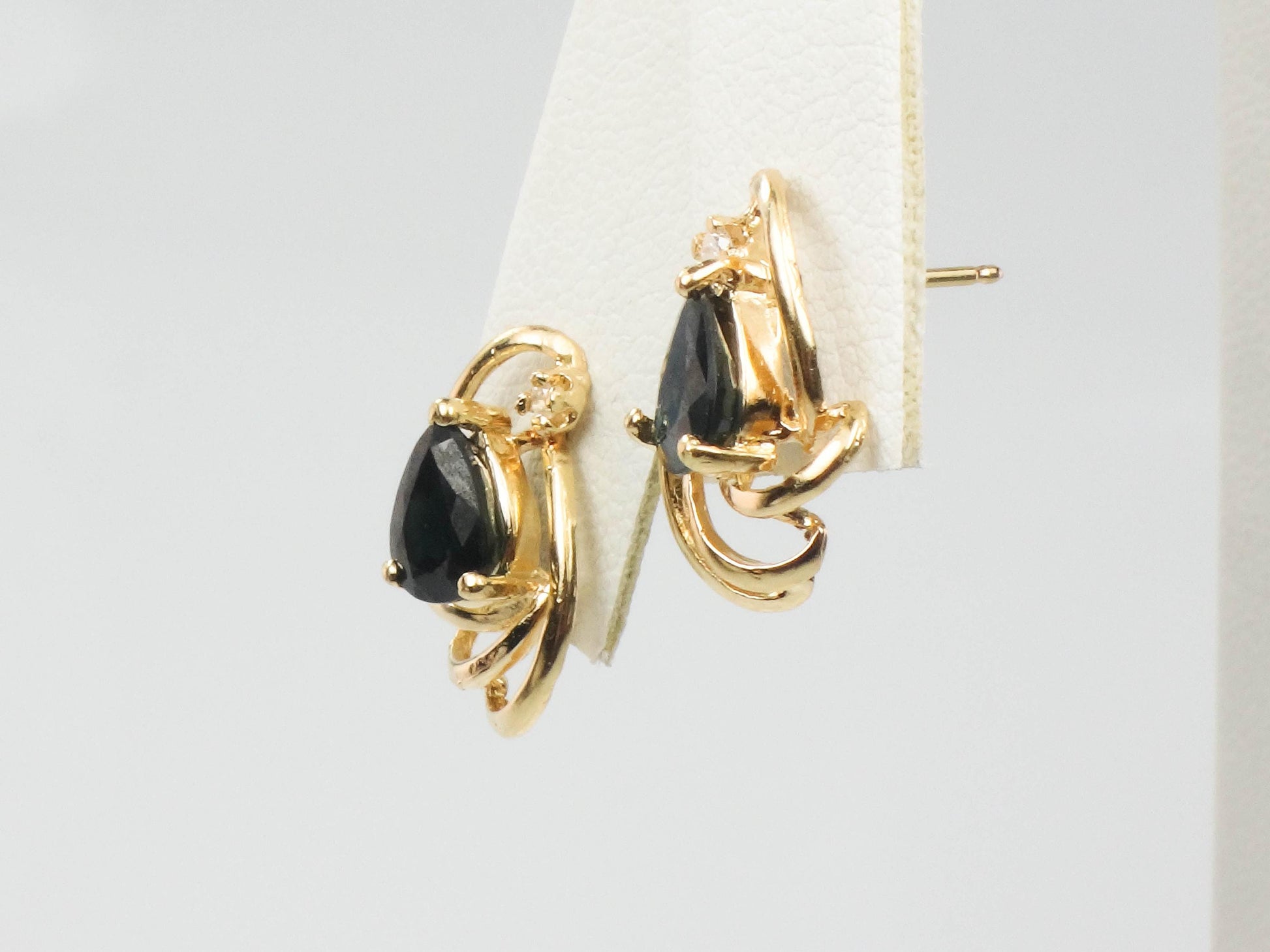 Vintage 14k Yellow Gold Sapphire Stud Earrings with Diamond Accents