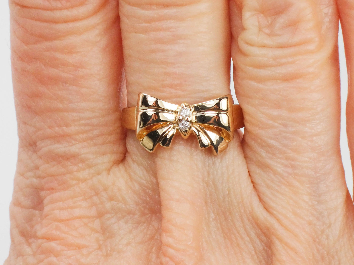 Vintage 14k Yellow Gold Diamond Bow Ring - Size 6.5