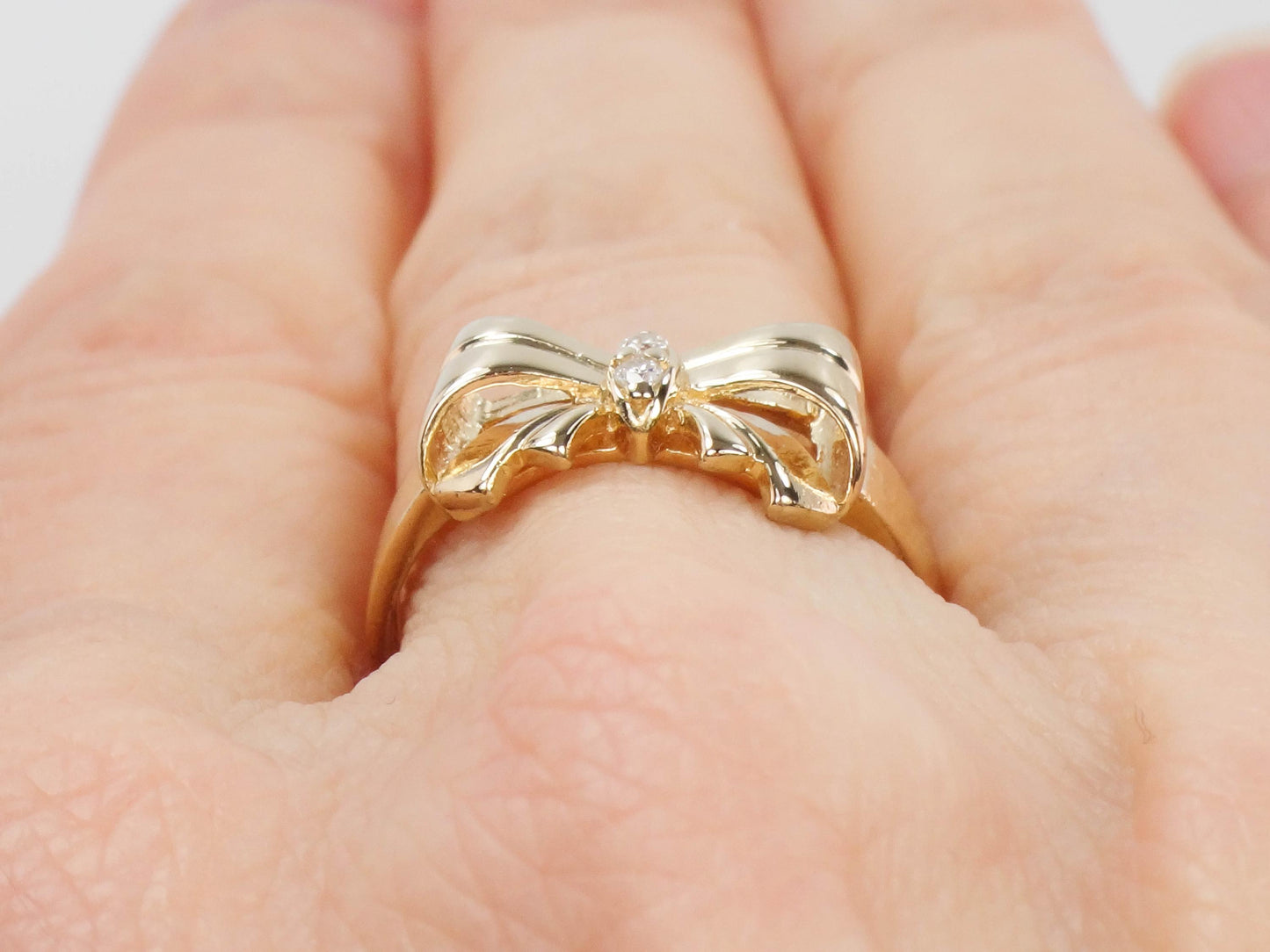 Vintage 14k Yellow Gold Diamond Bow Ring - Size 6.5