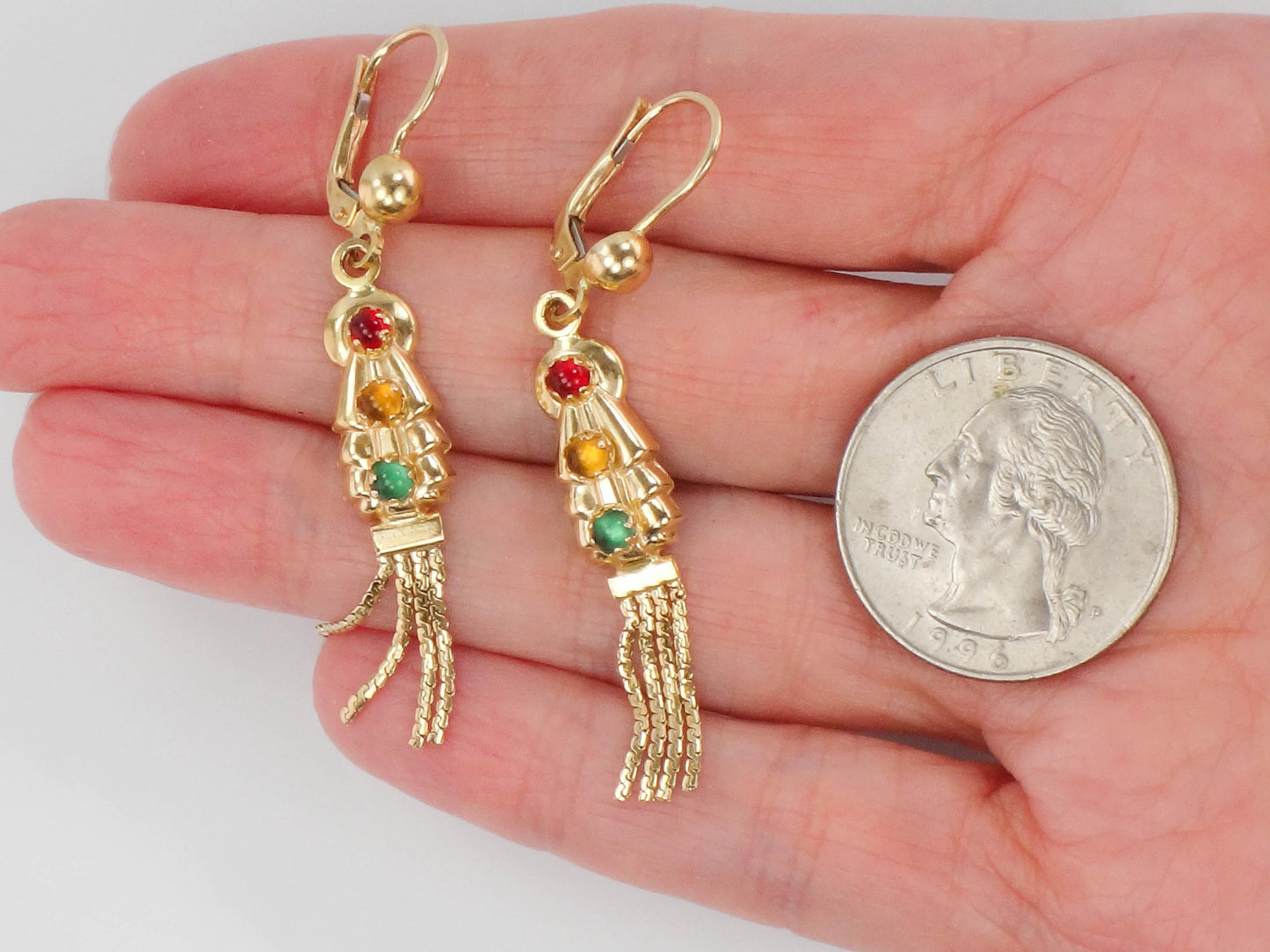 Vintage 14k Yellow Gold Fringe Earrings: Boho Multi-Color Glass Dangles