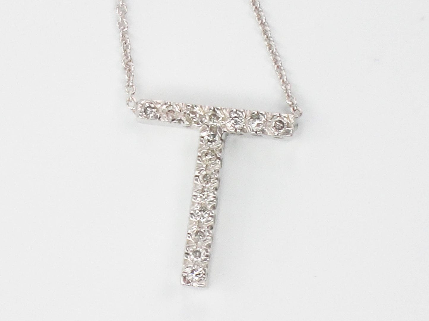 Vintage 14k White Gold Letter T Diamond Necklace, Initial T Necklace 16.5"