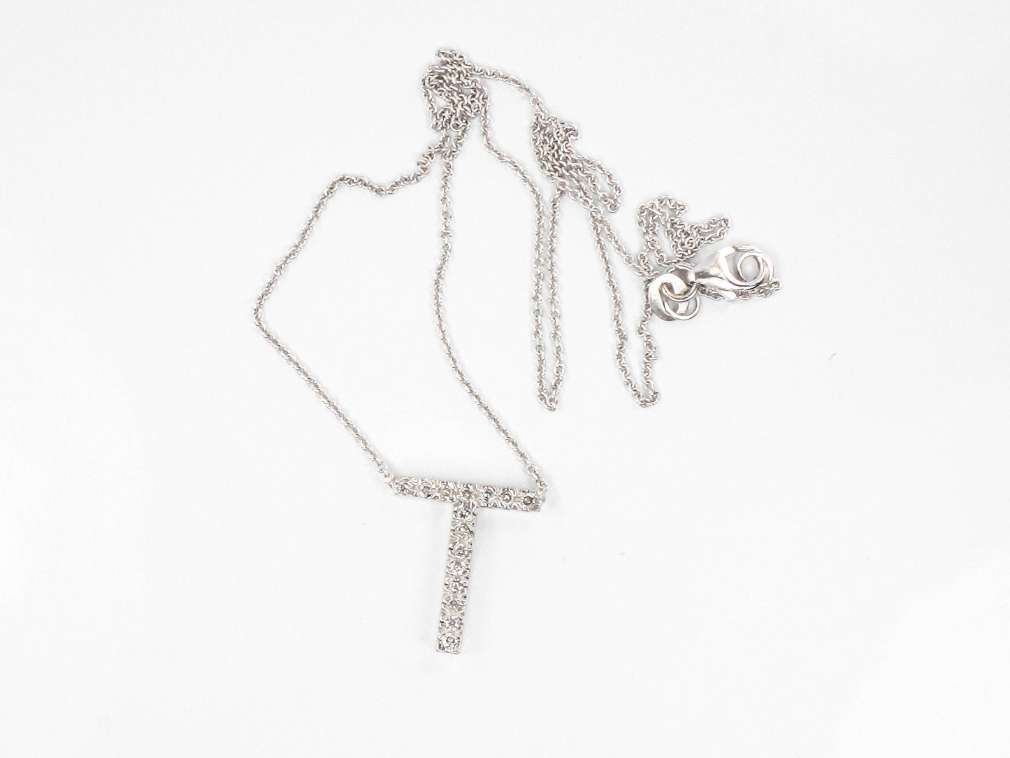 Vintage 14k White Gold Letter T Diamond Necklace, Initial T Necklace 16.5"