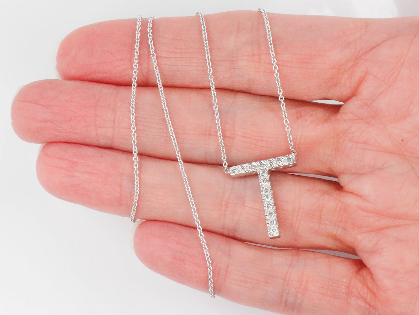 Vintage 14k White Gold Letter T Diamond Necklace, Initial T Necklace 16.5"