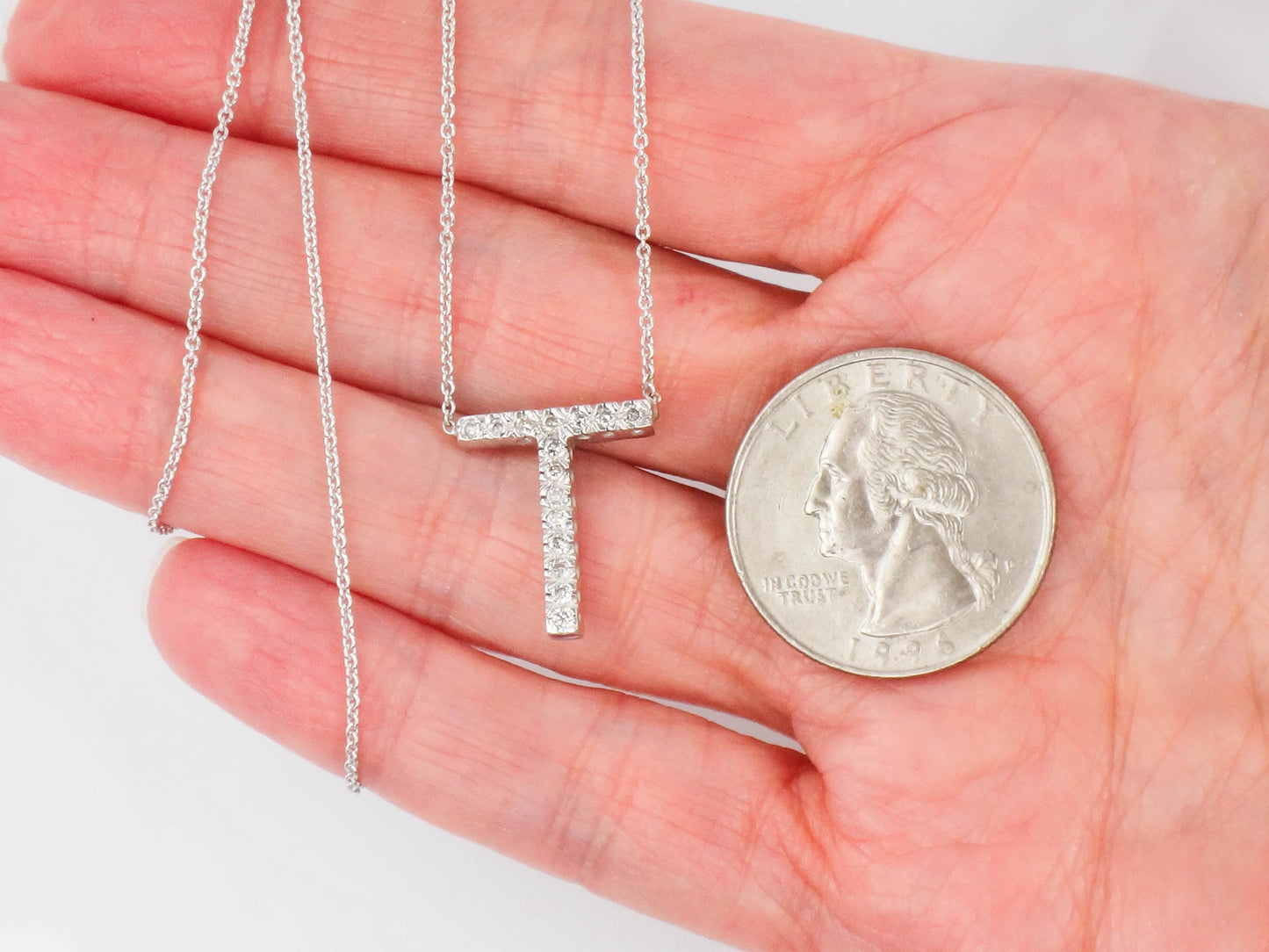 Vintage 14k White Gold Letter T Diamond Necklace, Initial T Necklace 16.5"