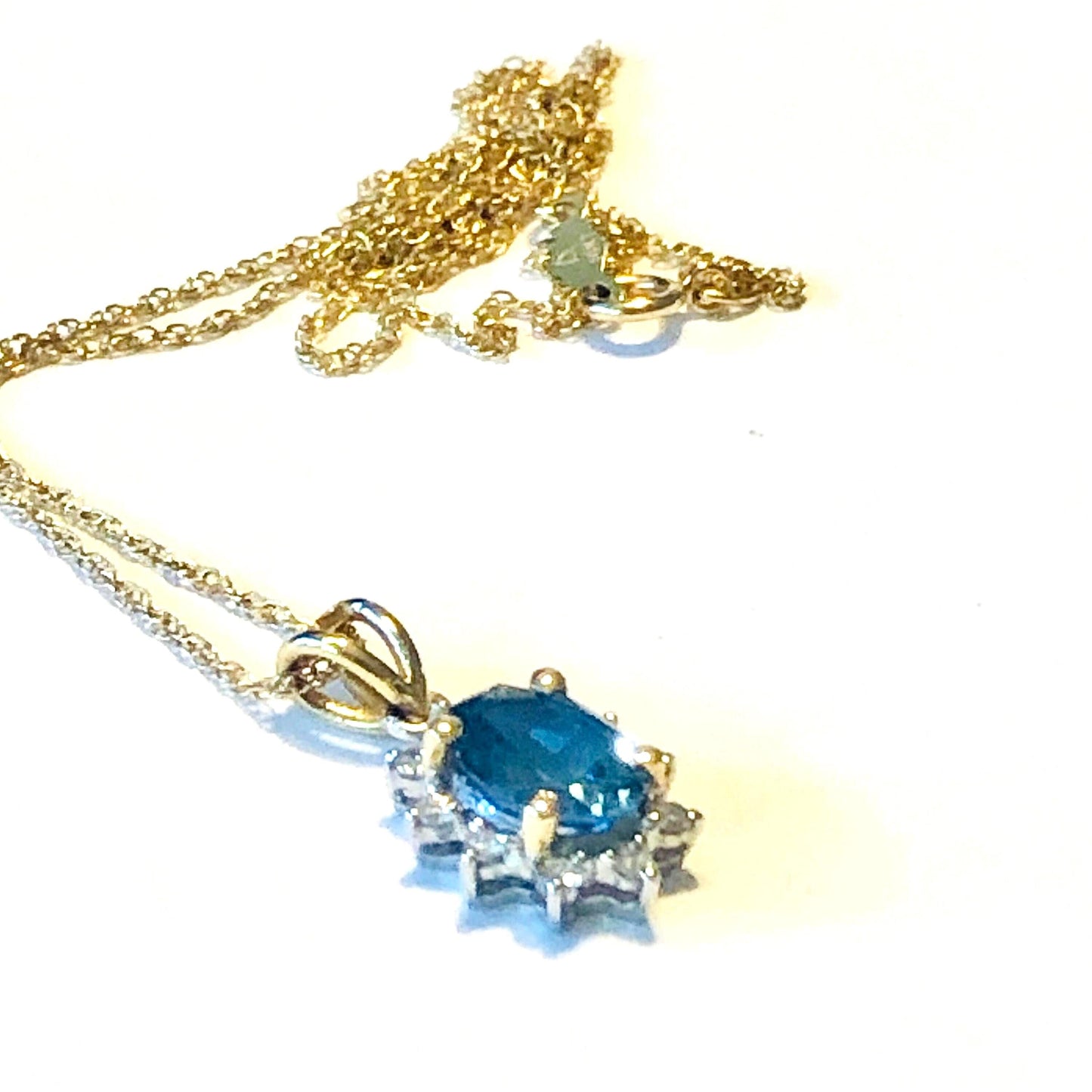 Vintage 14k Blue Topaz and Diamond Necklace, Oval Cut Topaz Pendant, December Birthstone