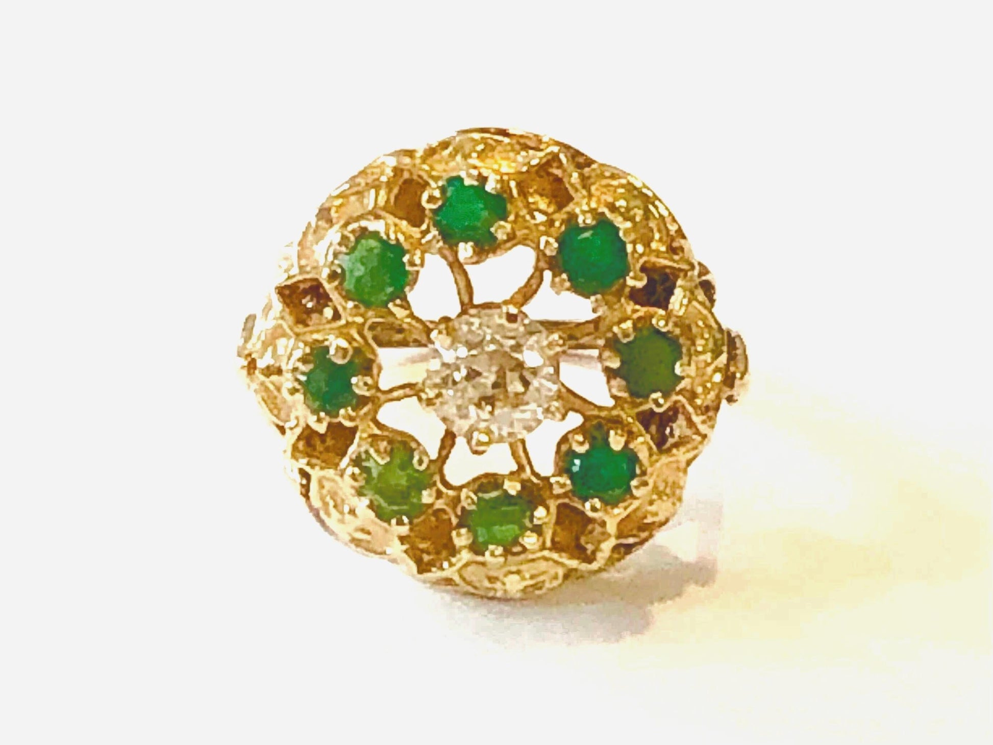Vintage Yellow Gold Natural Old Mine Cut Diamond and Emerald Halo Cocktail Ring