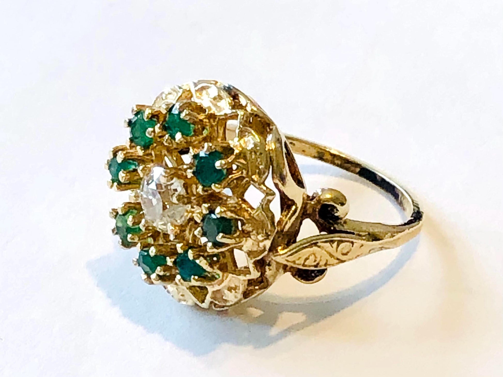 Vintage Yellow Gold Natural Old Mine Cut Diamond and Emerald Halo Cocktail Ring