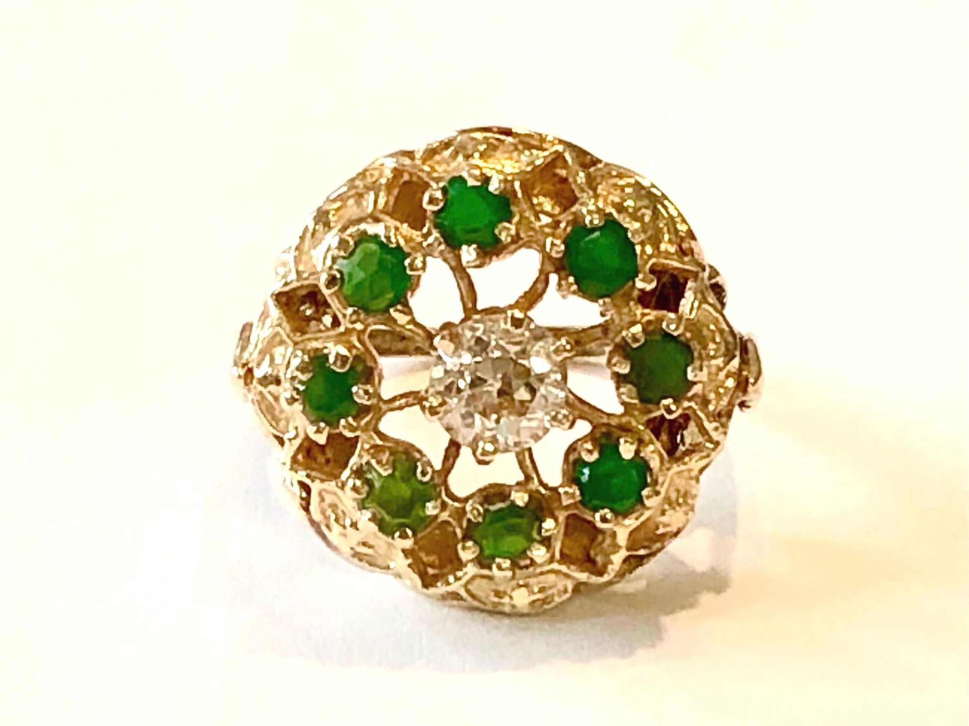 Vintage Yellow Gold Natural Old Mine Cut Diamond and Emerald Halo Cocktail Ring