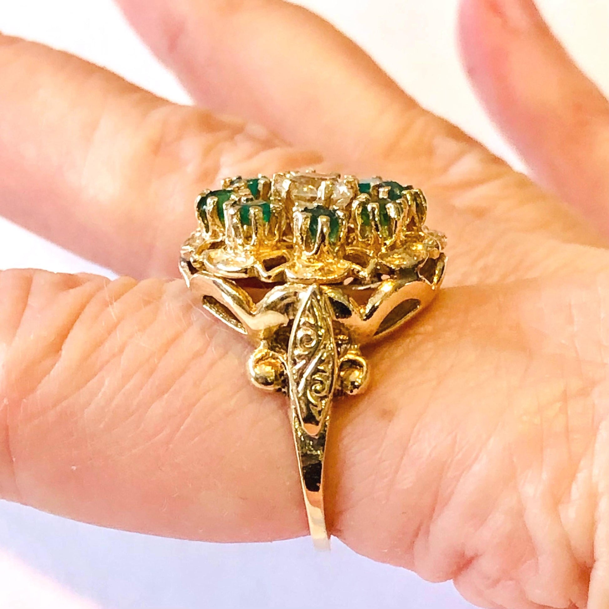 Vintage Yellow Gold Natural Old Mine Cut Diamond and Emerald Halo Cocktail Ring