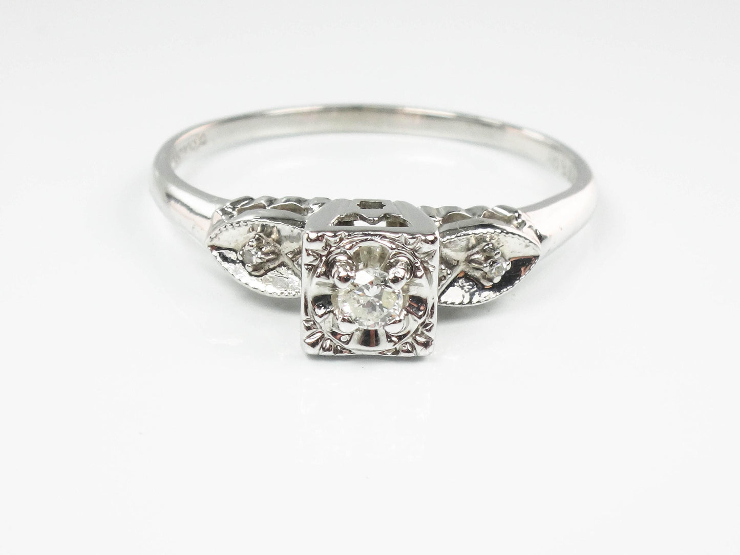 Vintage 14k White Gold Round Natural Diamond Engagement Ring, Size 10