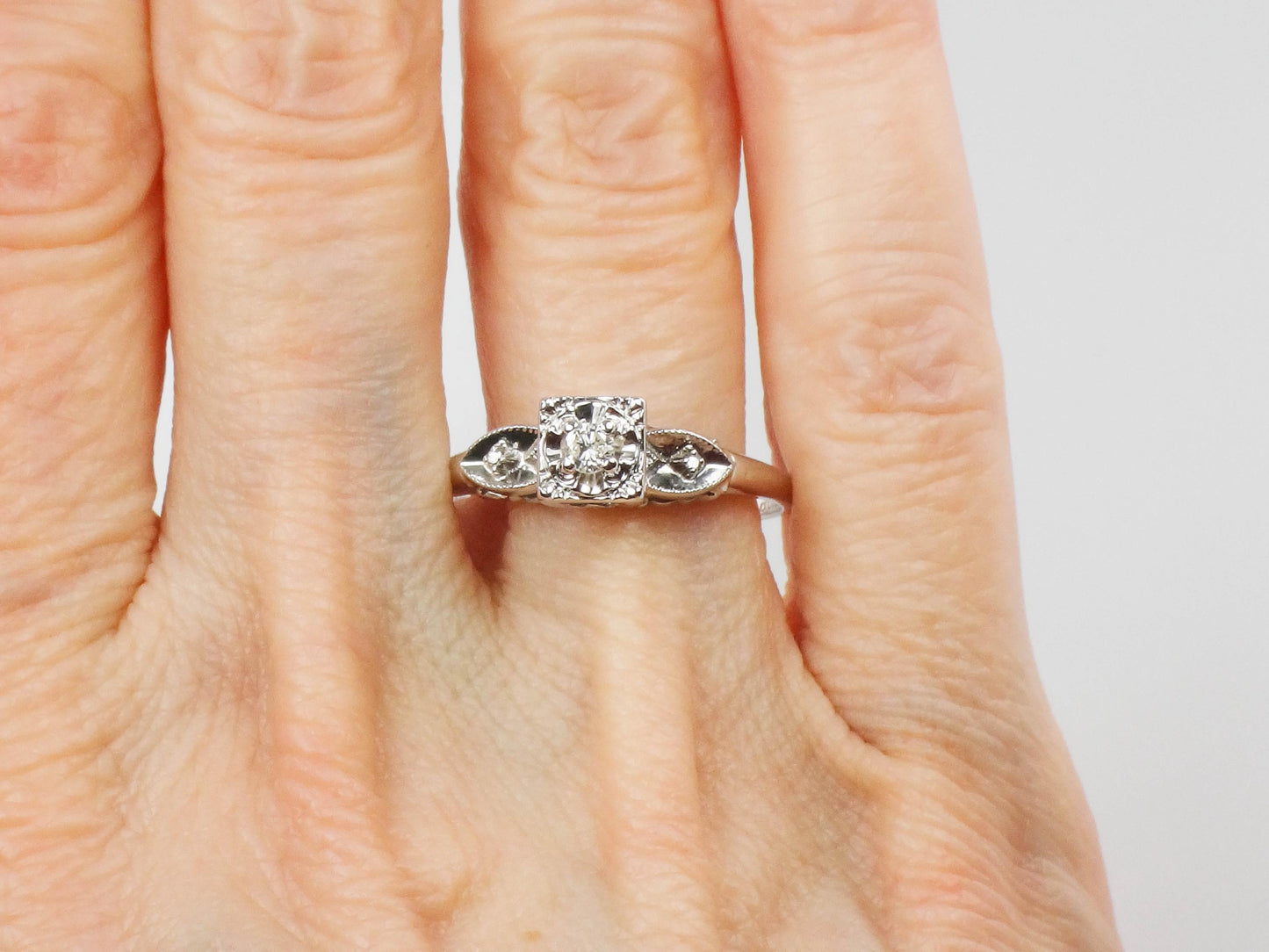 Vintage 14k White Gold Round Natural Diamond Engagement Ring, Size 10