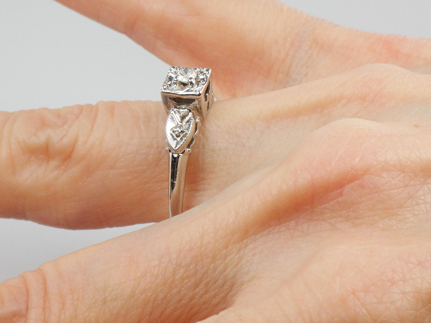 Vintage 14k White Gold Round Natural Diamond Engagement Ring, Size 10