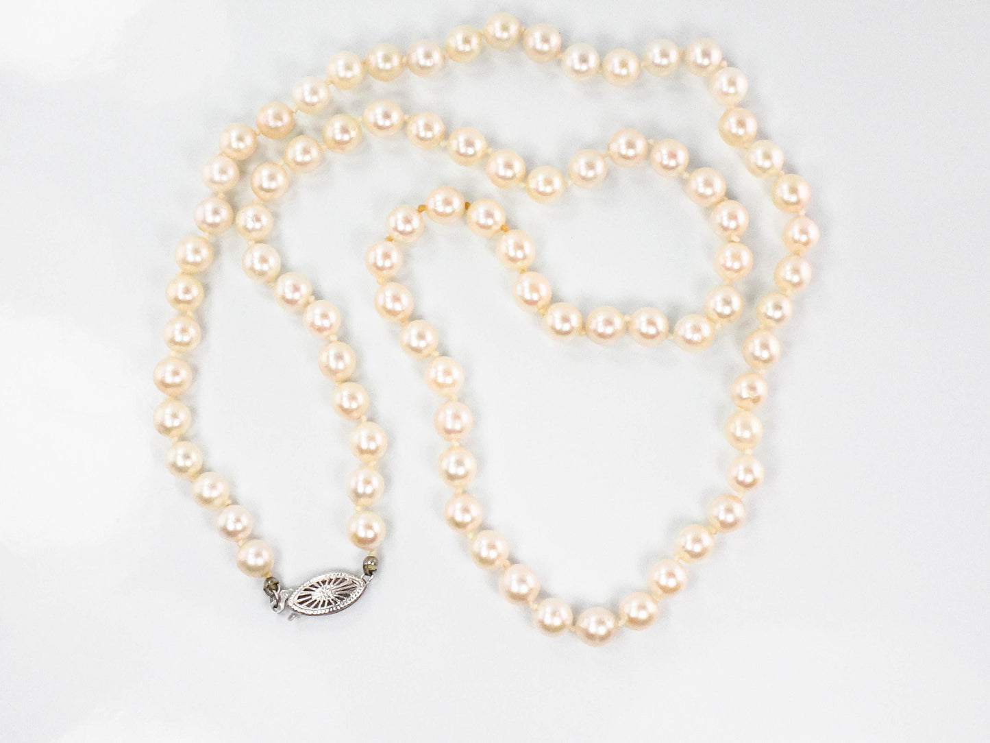 Vintage 14k White Gold Cultured Pearl Necklace: Bridal Jewelry, 6 MM, 24.25"
