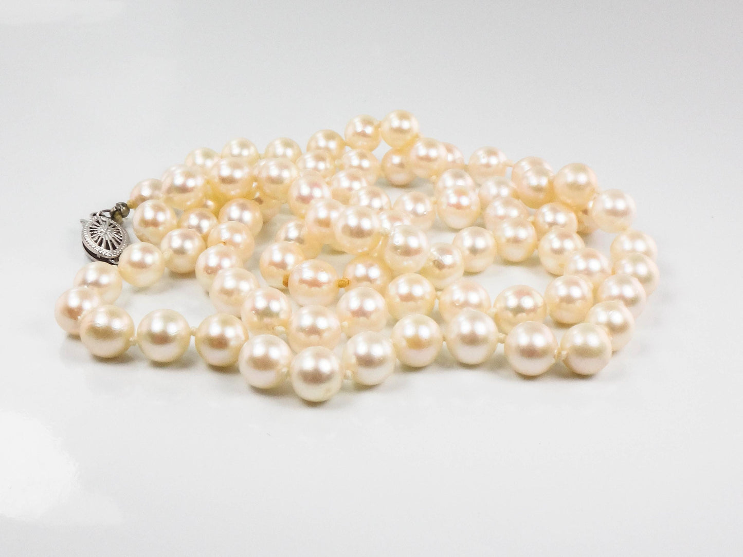 Vintage 14k White Gold Cultured Pearl Strand, 6 mm Pearl Necklace, Bridal Necklace 24.25"