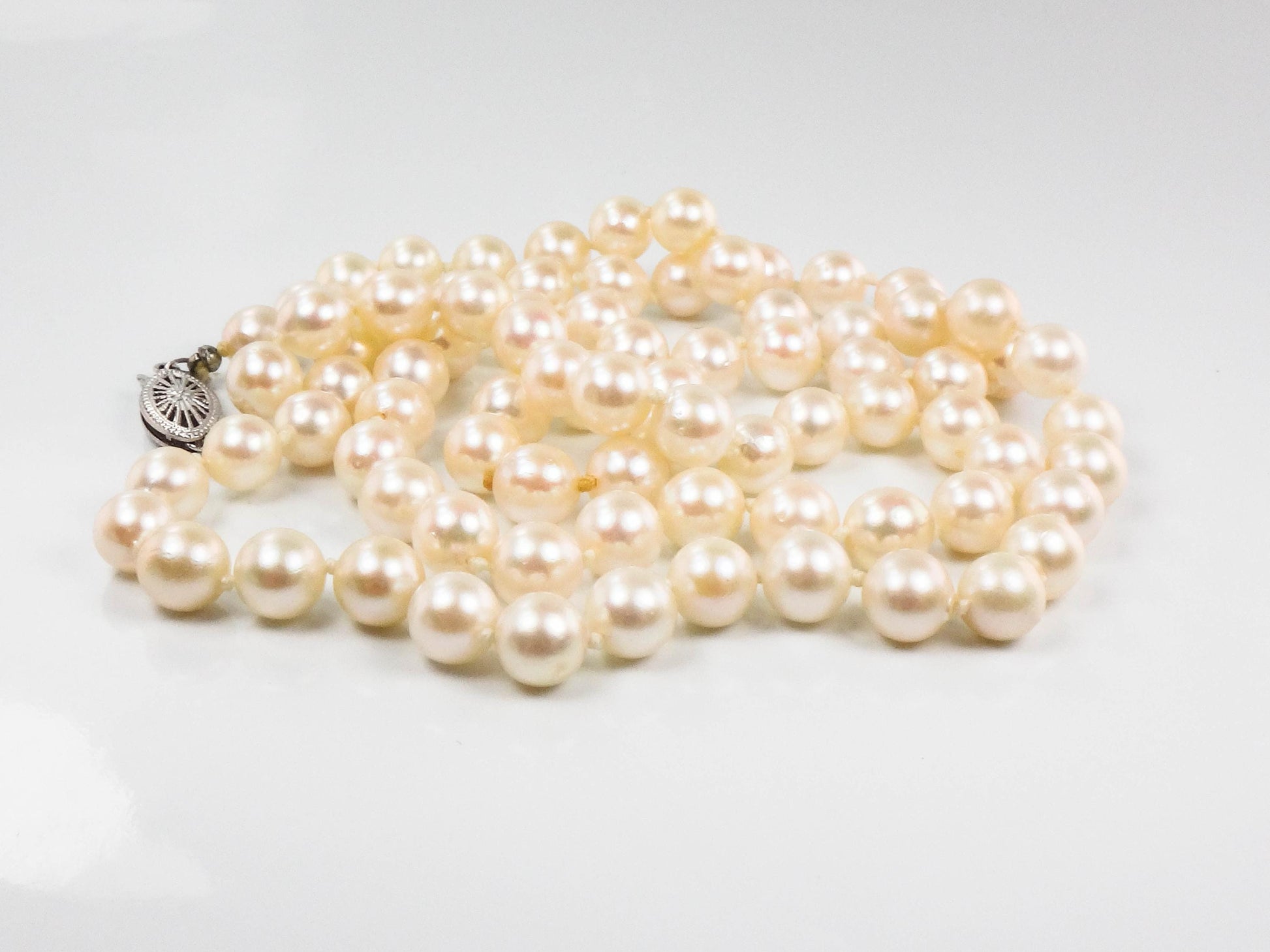 Vintage 14k White Gold Cultured Pearl Strand, 6 mm Pearl Necklace, Bridal Necklace 24.25"